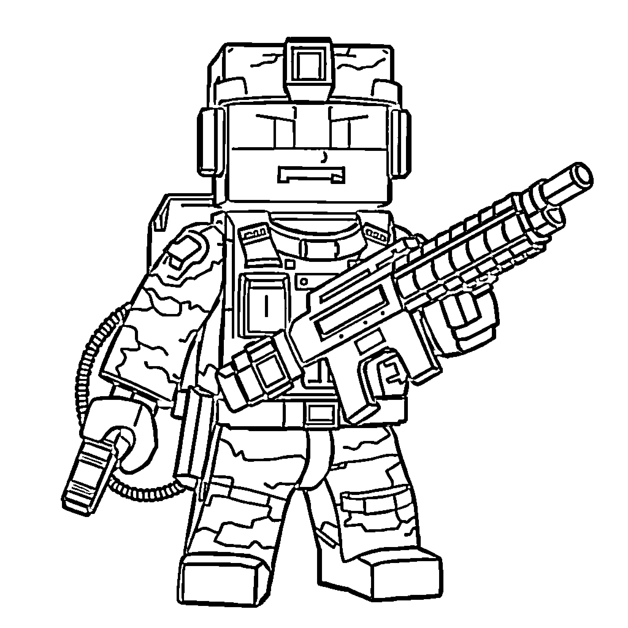 Minecraft Soldier wielding a powerful weapon Coloring Page (free black-and-white line drawing printable PDF for all, from beginners to advanced learners, including children, teens, adults, and seniors)