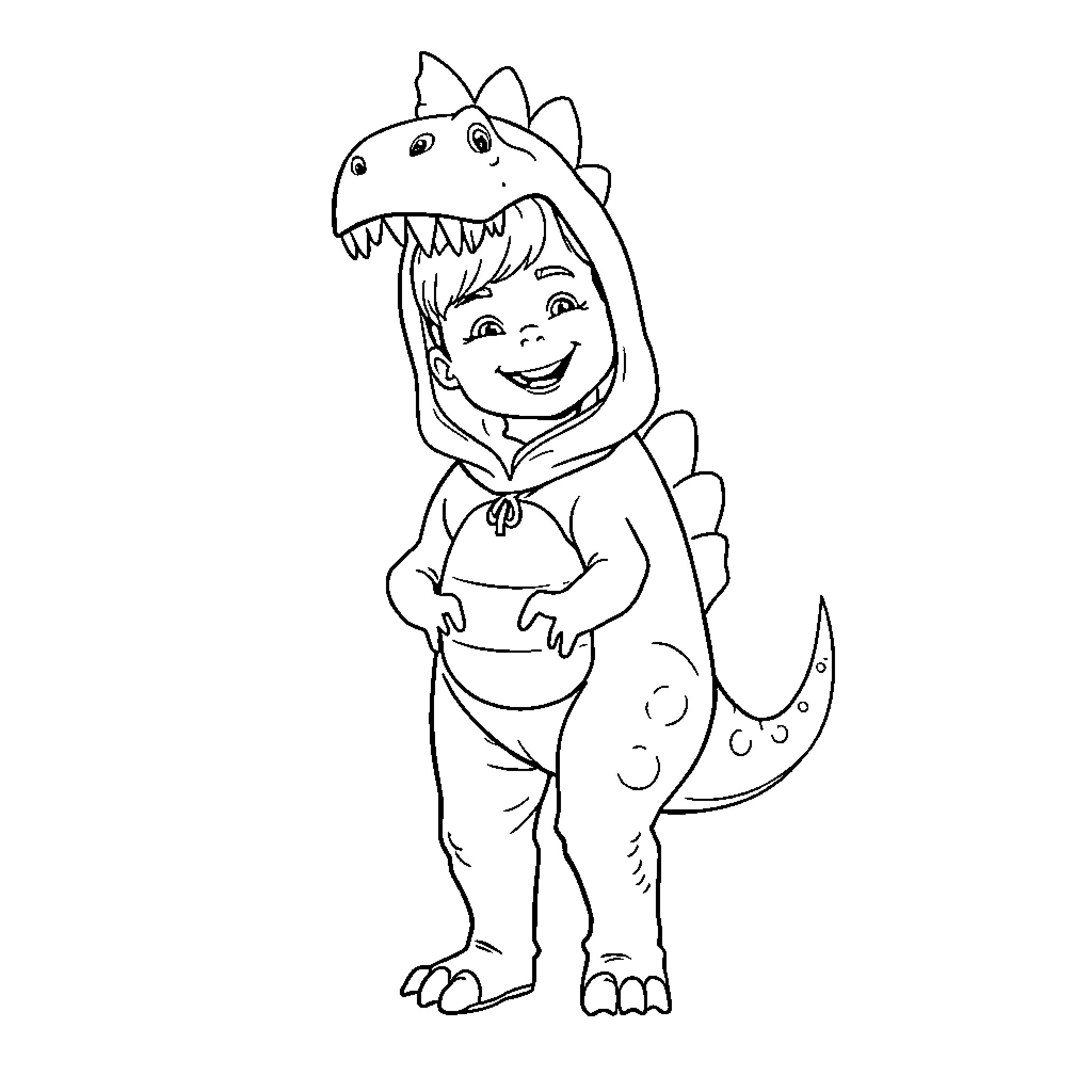 Boy dressed as a friendly dinosaur Coloring Page (free black-and-white line drawing printable PDF for all, from beginners to advanced learners, including children, teens, adults, and seniors)