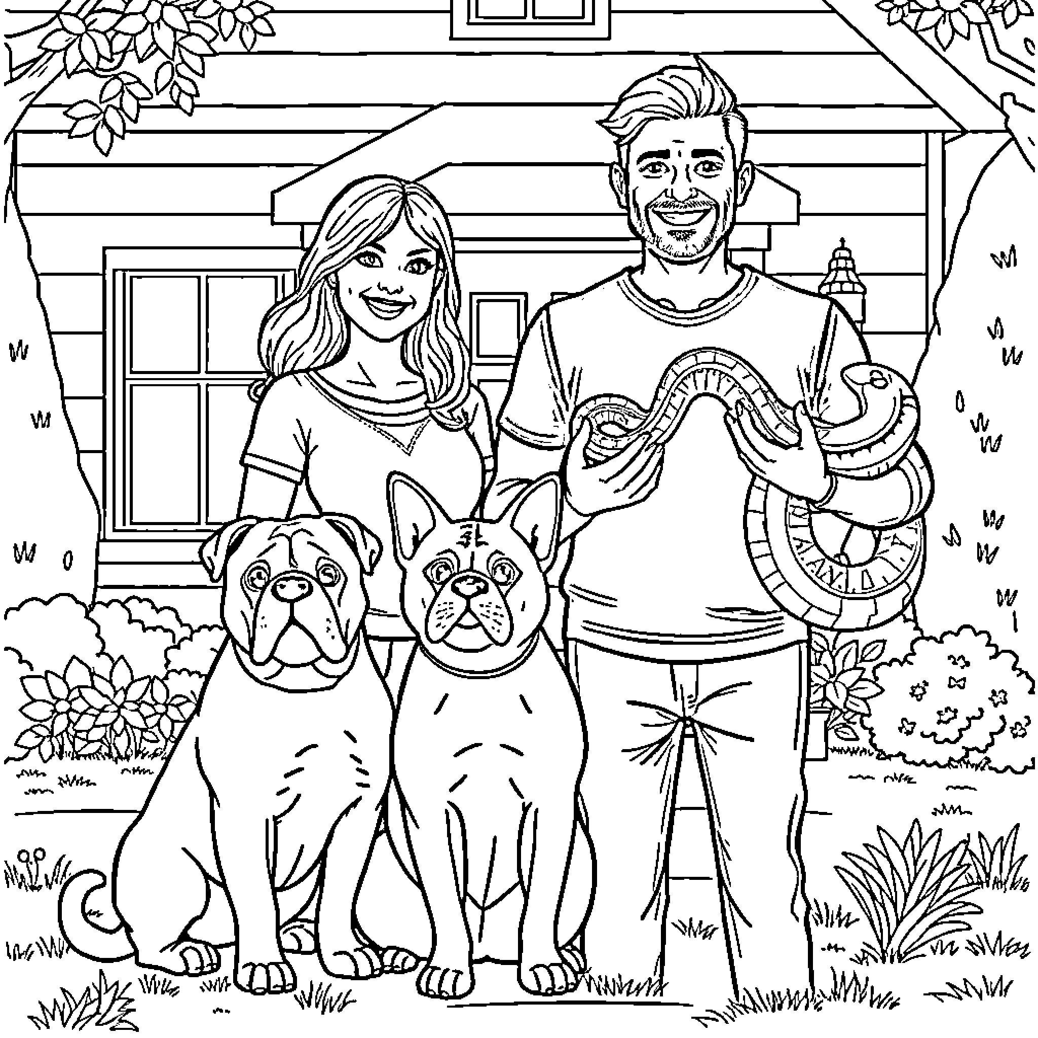 Couple posing outdoors with their pets Coloring Page (free black-and-white line drawing printable PDF for all, from beginners to advanced learners, including children, teens, adults, and seniors)