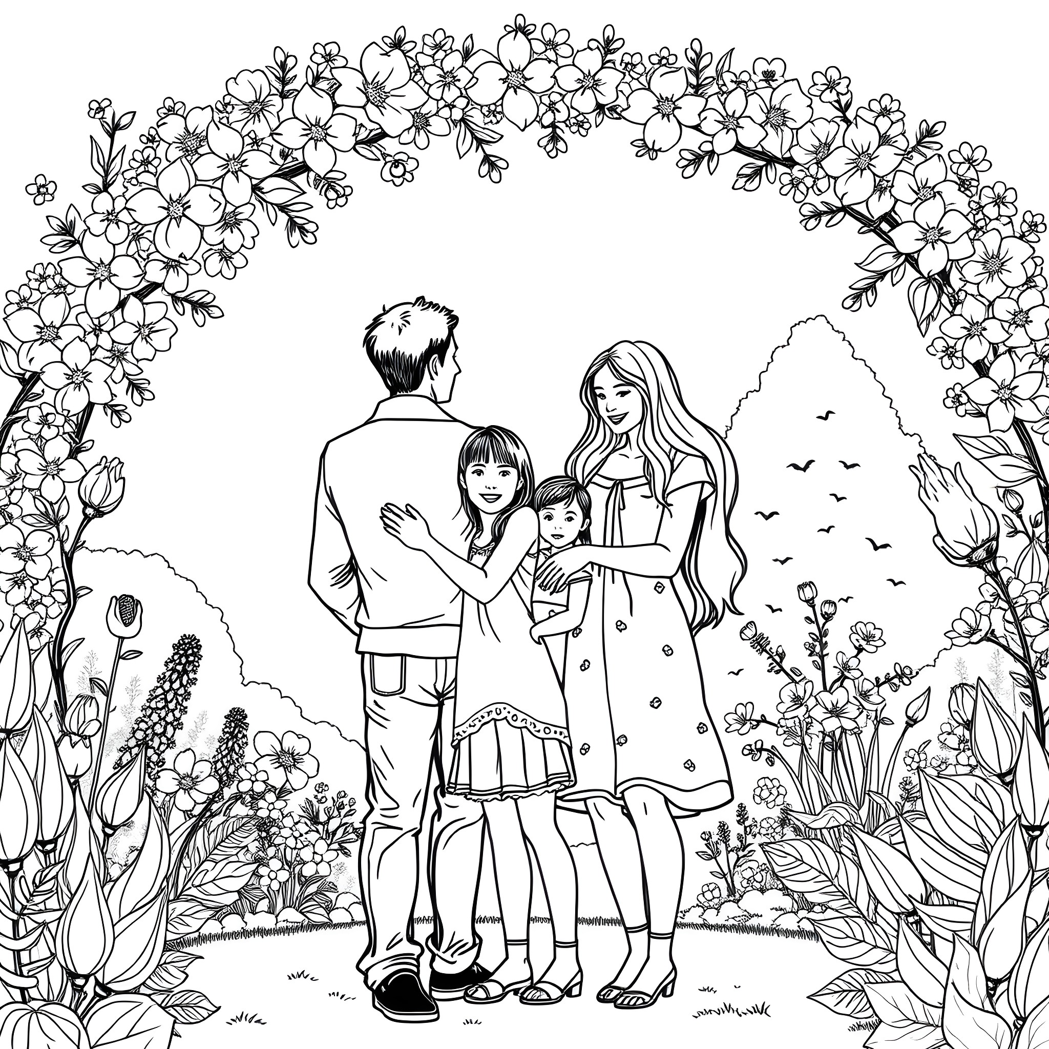 Family enjoying a nature walk in the floral garden Coloring Page (free black-and-white line drawing printable PDF for all, from beginners to advanced learners, including children, teens, adults, and seniors)