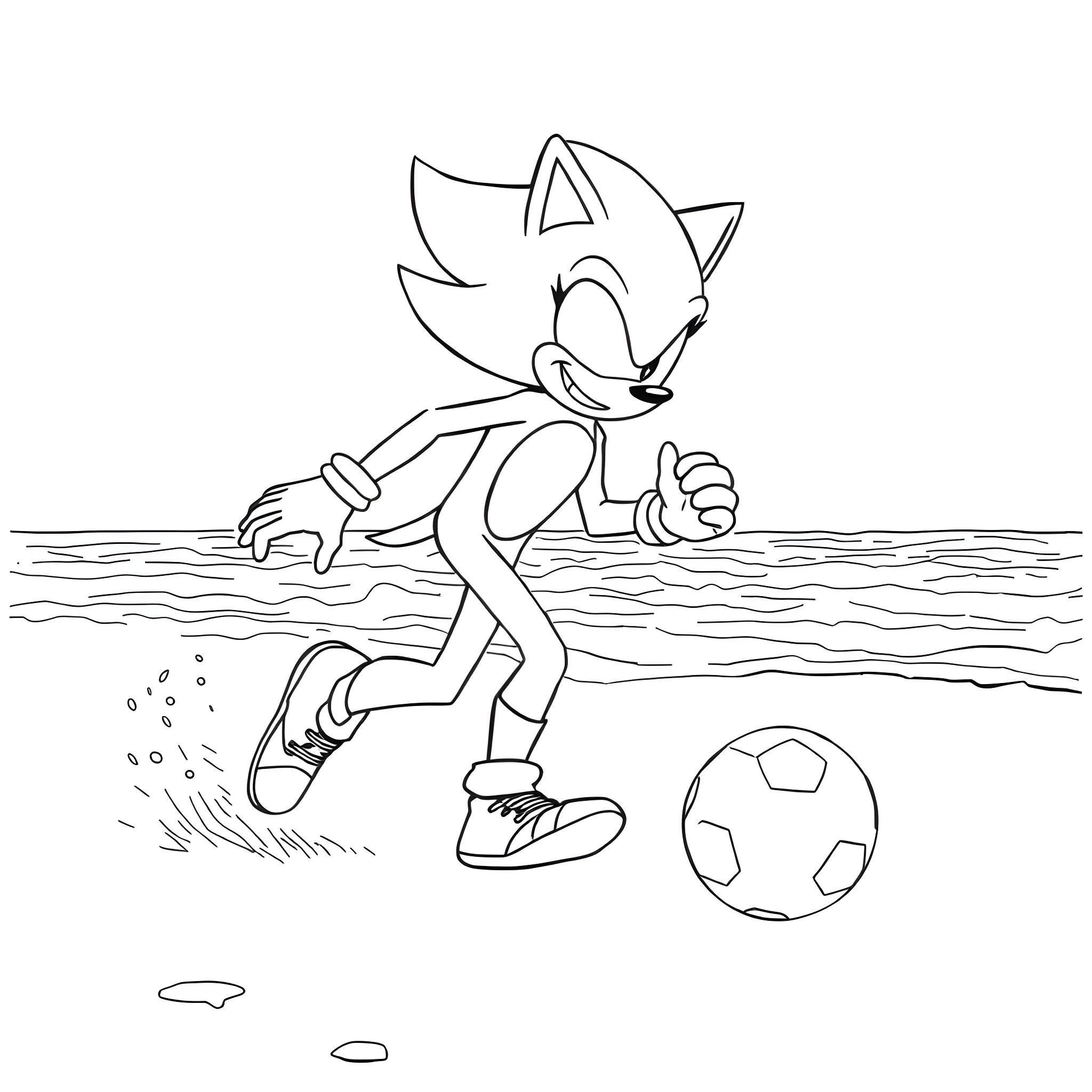 Shadow of a joyful character kicking a ball Coloring Page (free black-and-white line drawing printable PDF for all, from beginners to advanced learners, including children, teens, adults, and seniors)