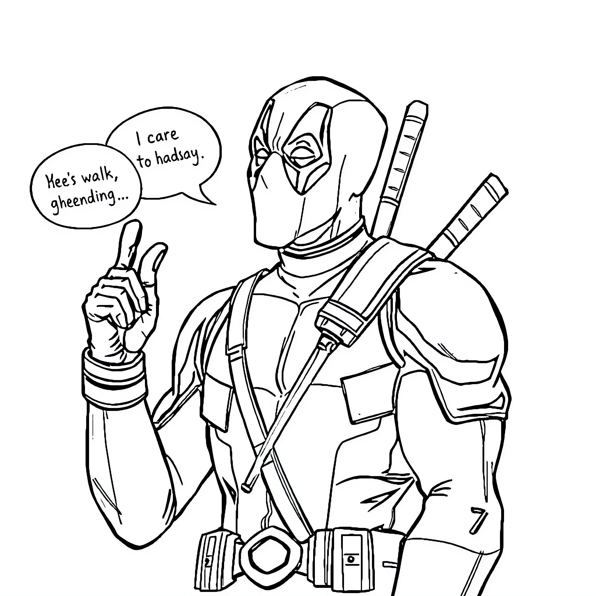 Deadpool's Amusing Antics and Quippy Dialogue Coloring Page (free black-and-white line drawing printable PDF for all, from beginners to advanced learners, including children, teens, adults, and seniors)