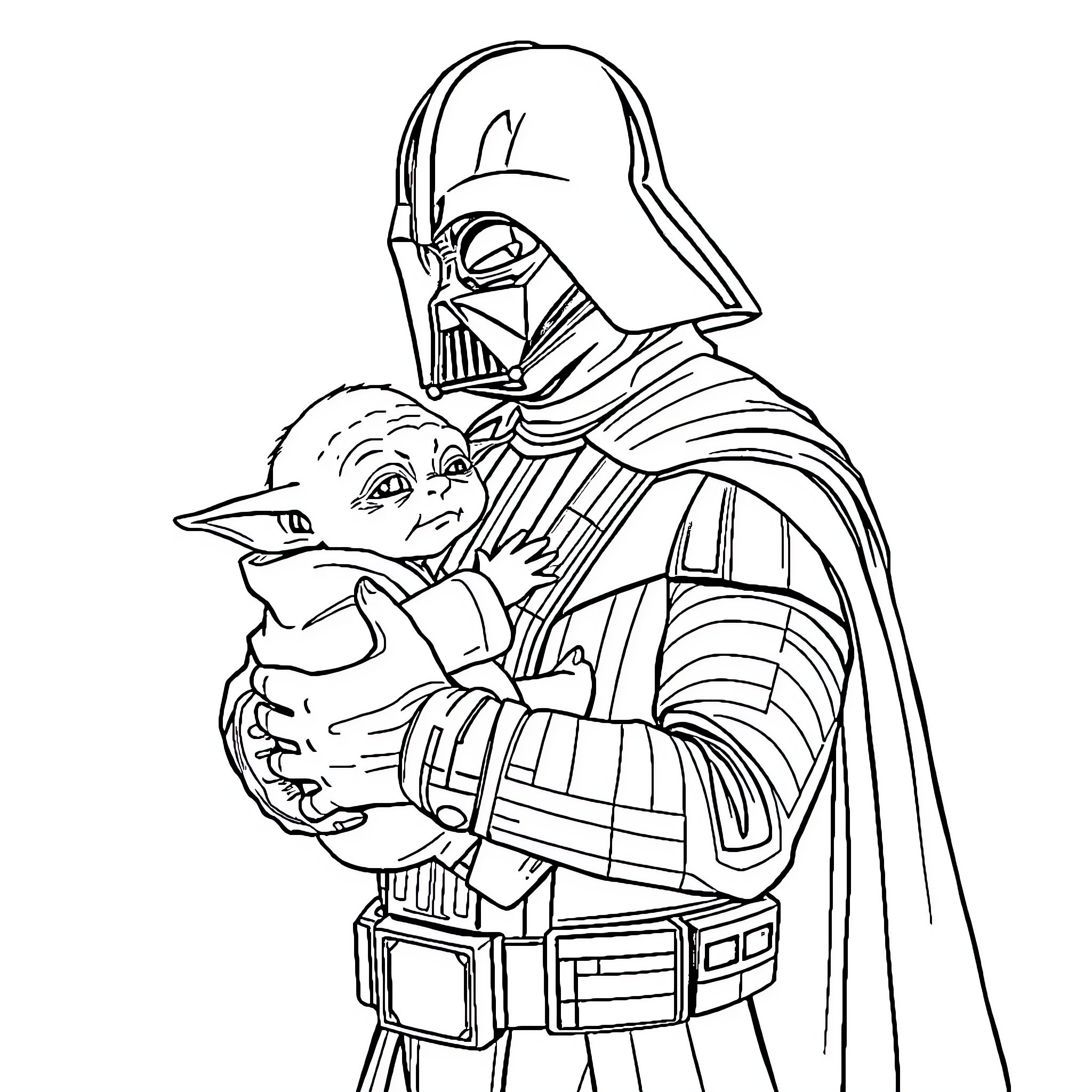 Darth Vader comforting the Child Coloring Page (free black-and-white line drawing printable PDF for all, from beginners to advanced learners, including children, teens, adults, and seniors)