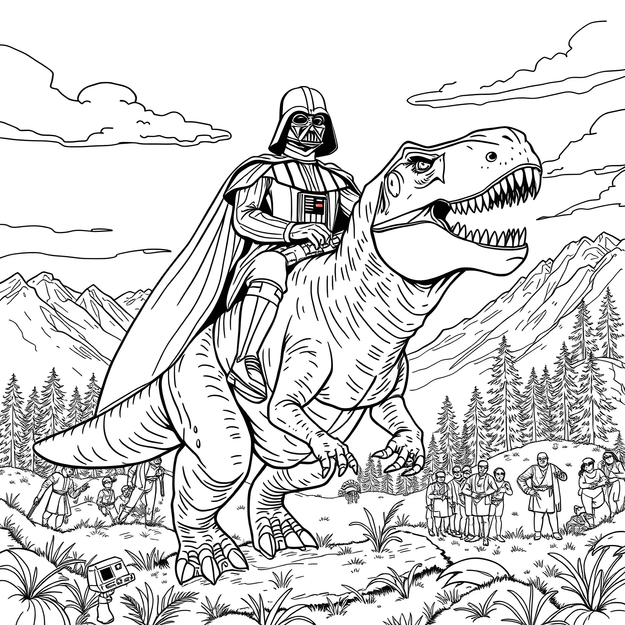 Darth Vader Riding a Fearsome Dinosaur Coloring Page (free black-and-white line drawing printable PDF for all, from beginners to advanced learners, including children, teens, adults, and seniors)