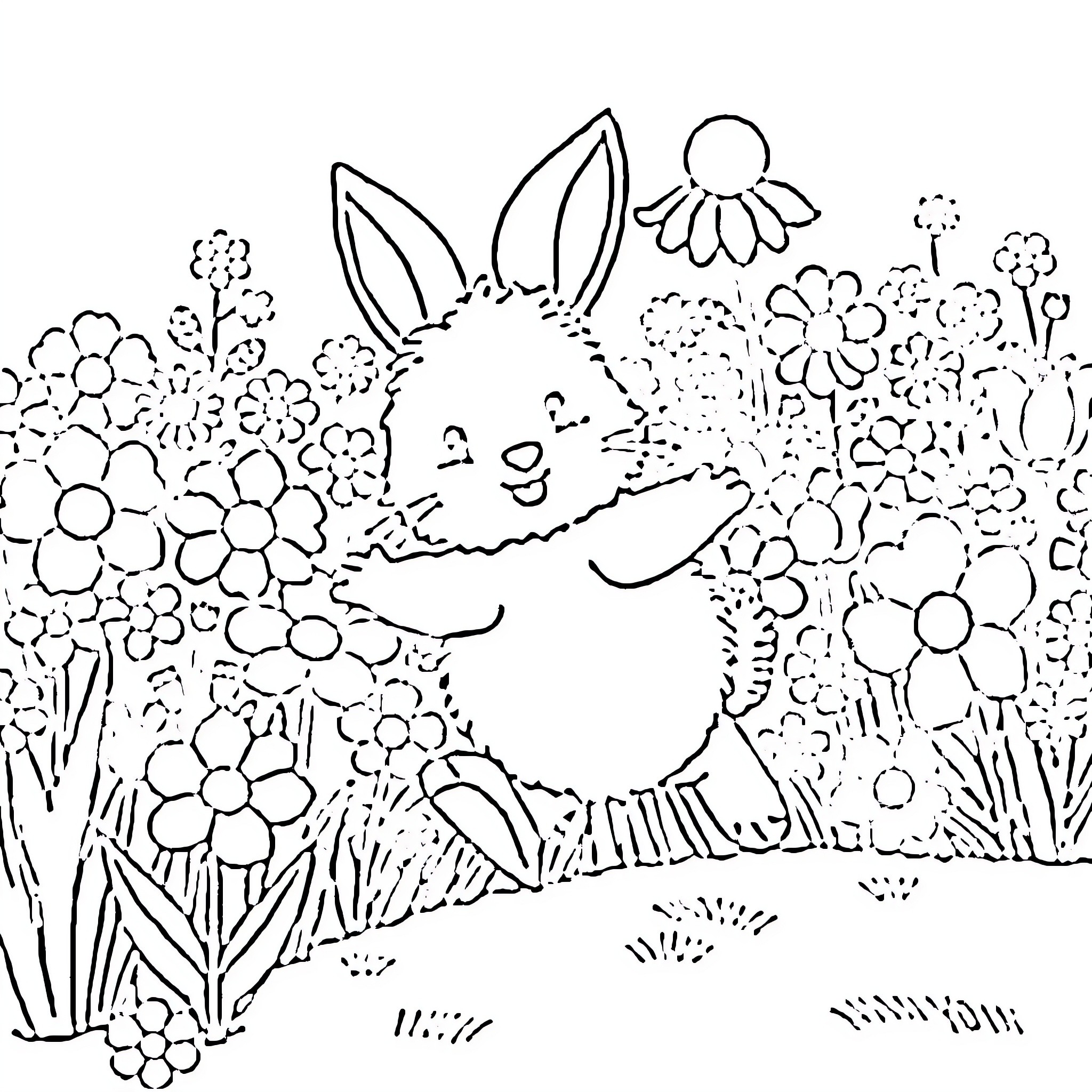 Bunny frolicking in a flower-filled meadow Coloring Page (free black-and-white line drawing printable PDF for all, from beginners to advanced learners, including children, teens, adults, and seniors)