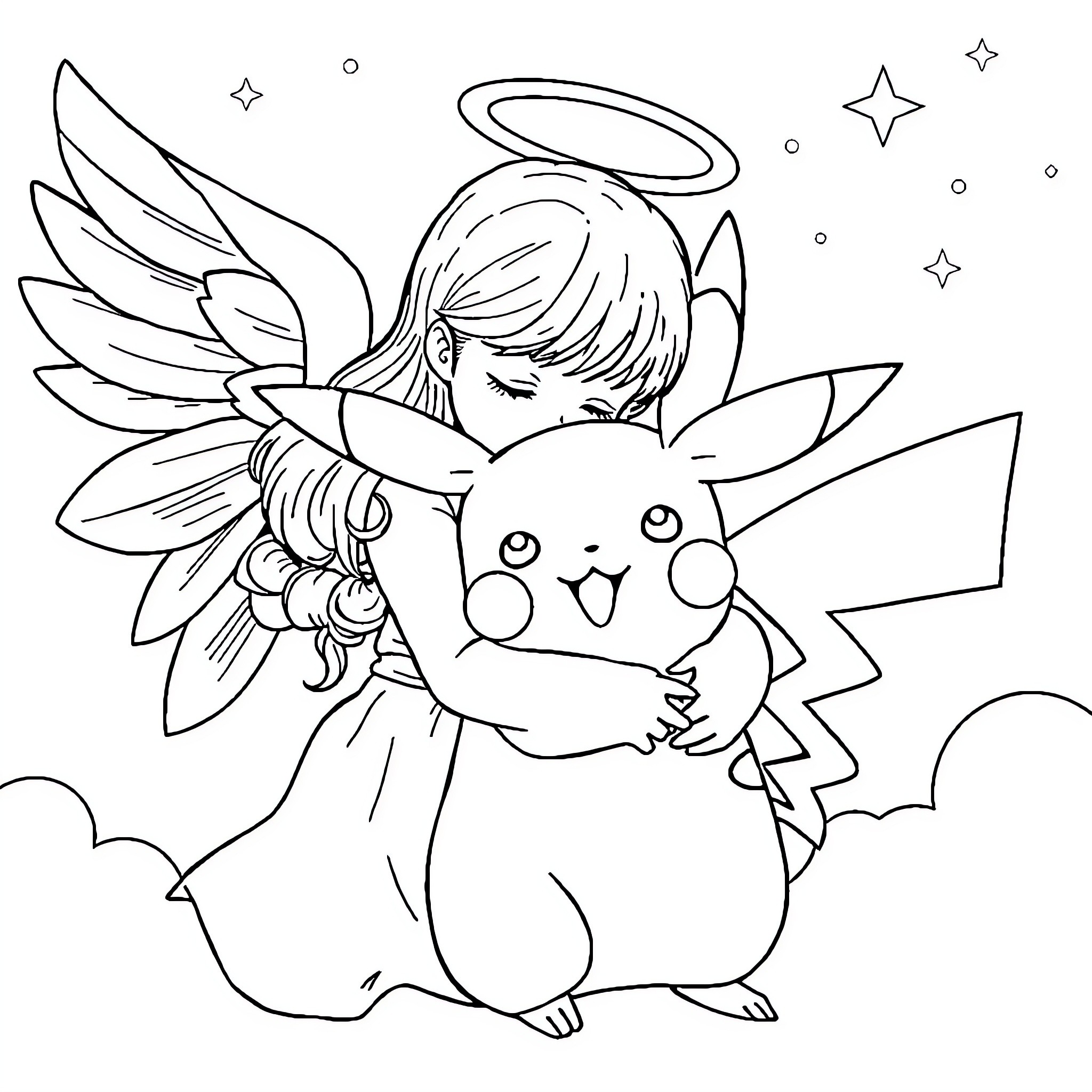 Angel embracing a magical creature Coloring Page (free black-and-white line drawing printable PDF for all, from beginners to advanced learners, including children, teens, adults, and seniors)