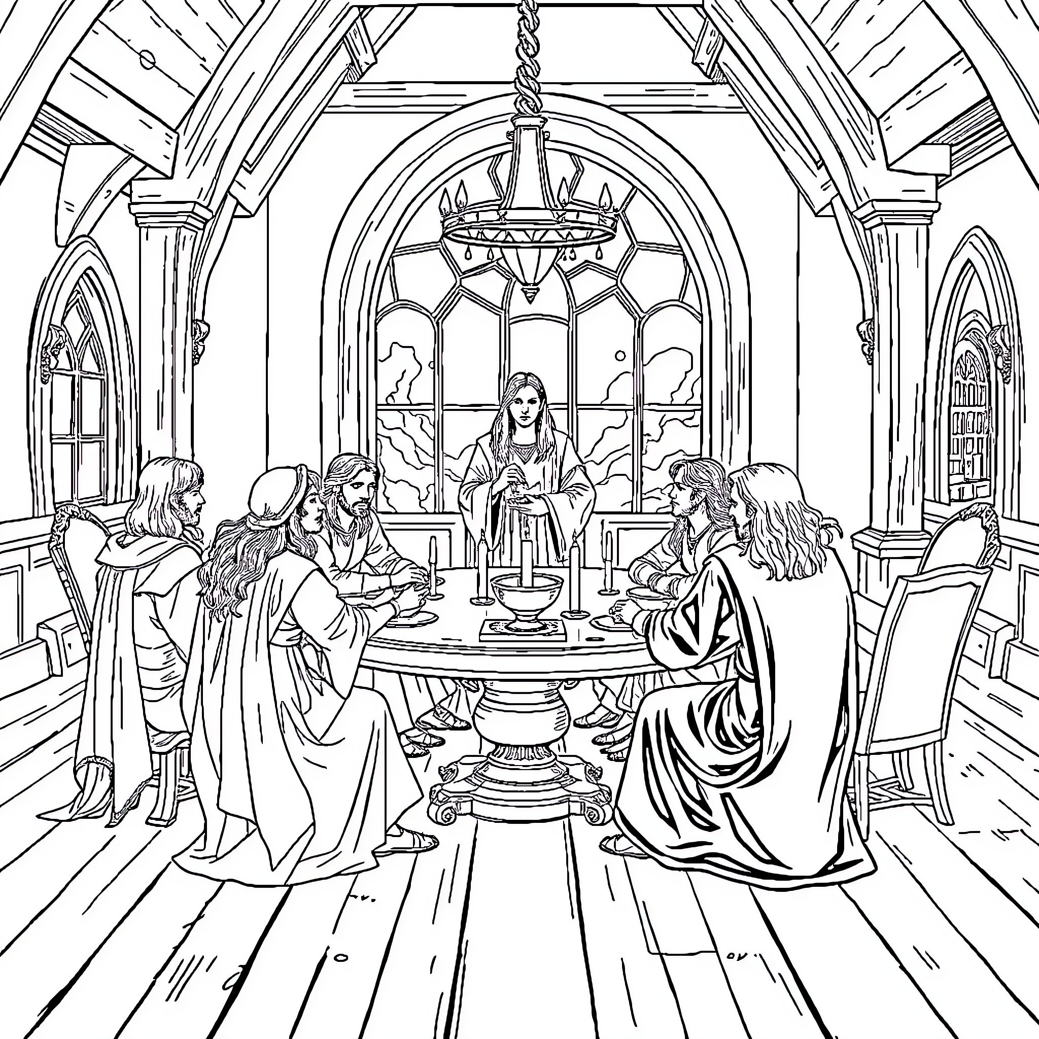 Fellowship of Companions in Ornate Gathering Hall Coloring Page (free black-and-white line drawing printable PDF for all, from beginners to advanced learners, including children, teens, adults, and seniors)
