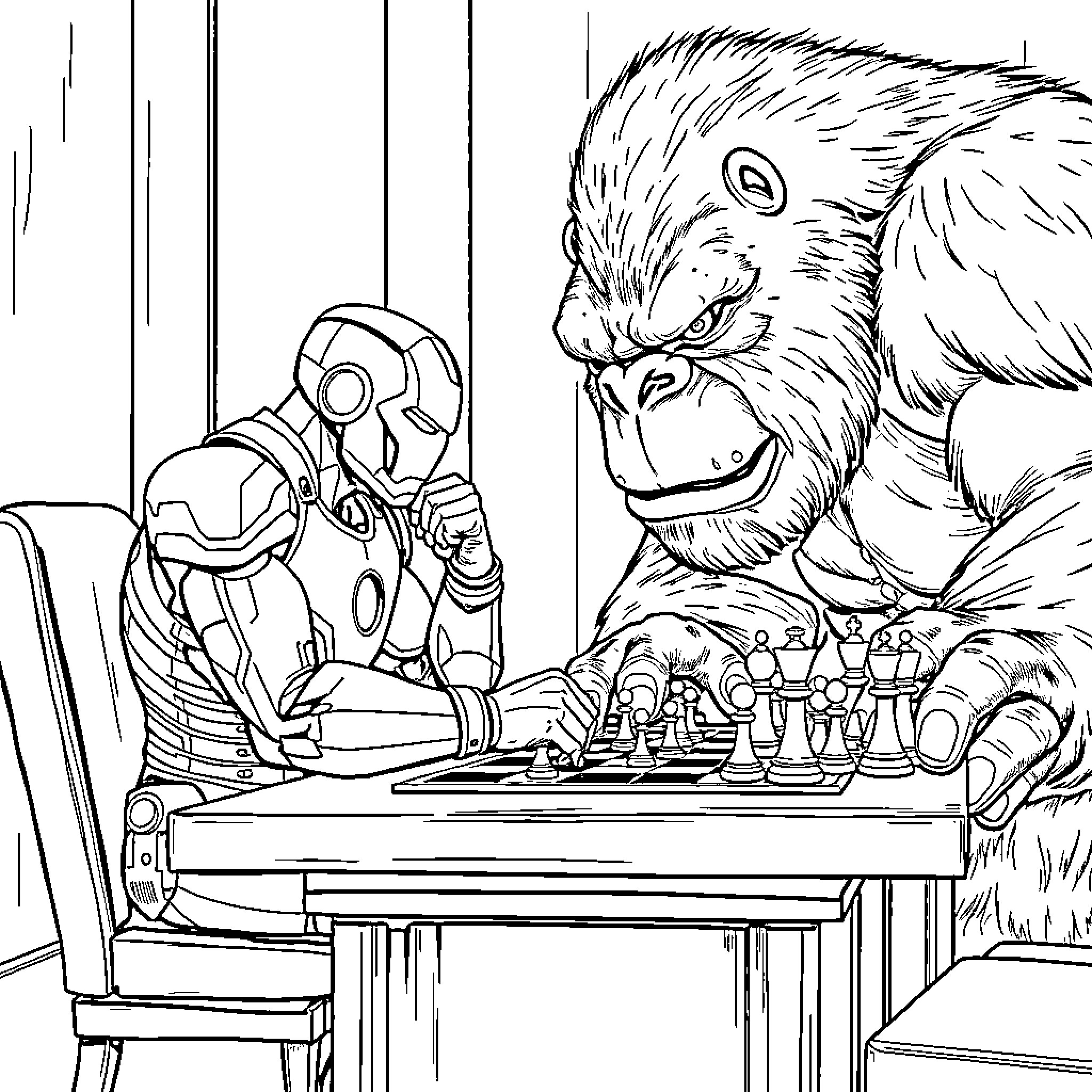 Iron Man Challenged by Furry Chess Opponent Coloring Page (free black-and-white line drawing printable PDF for all, from beginners to advanced learners, including children, teens, adults, and seniors)