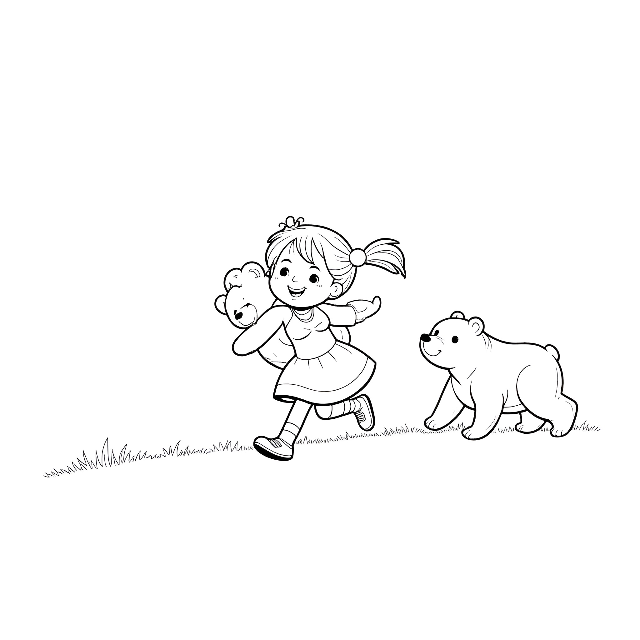 Girl playing happily with a polar bear Coloring Page (free black-and-white line drawing printable PDF for all, from beginners to advanced learners, including children, teens, adults, and seniors)