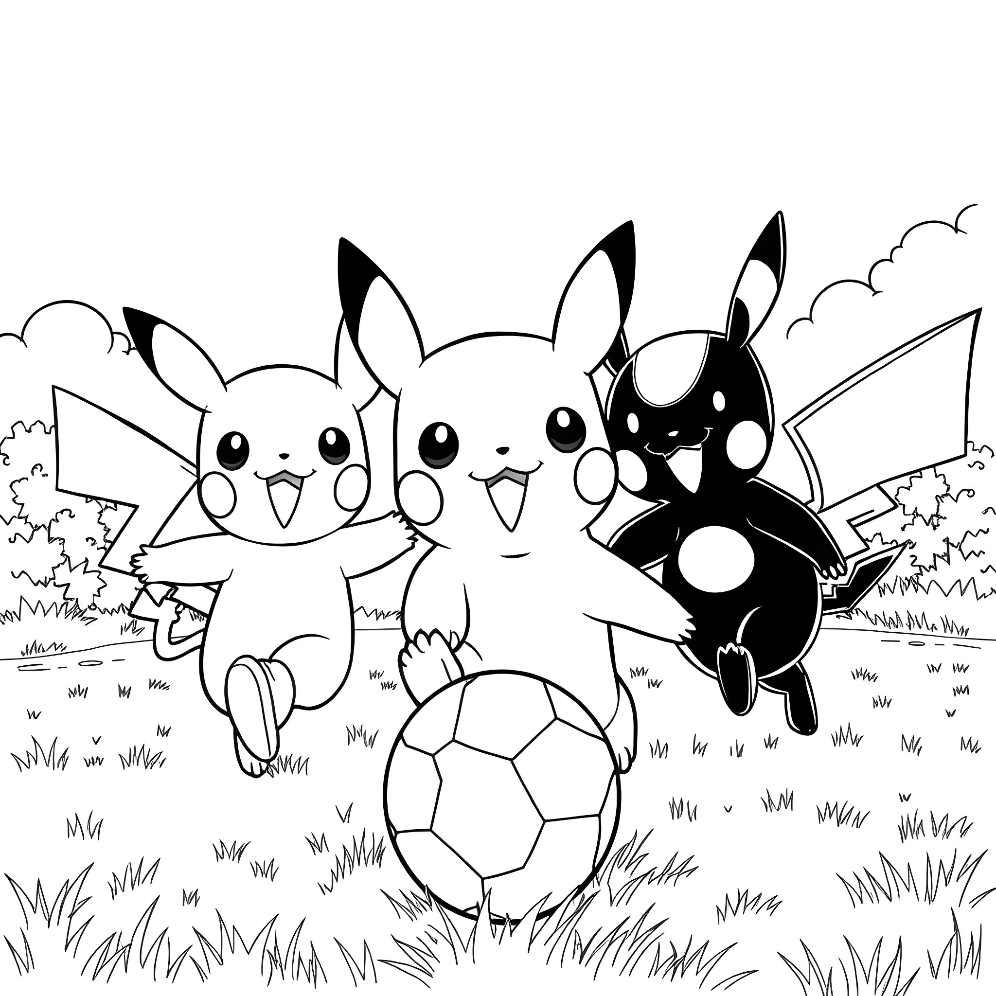 Pokémon enjoying a playful day in the park Coloring Page (free black-and-white line drawing printable PDF for all, from beginners to advanced learners, including children, teens, adults, and seniors)