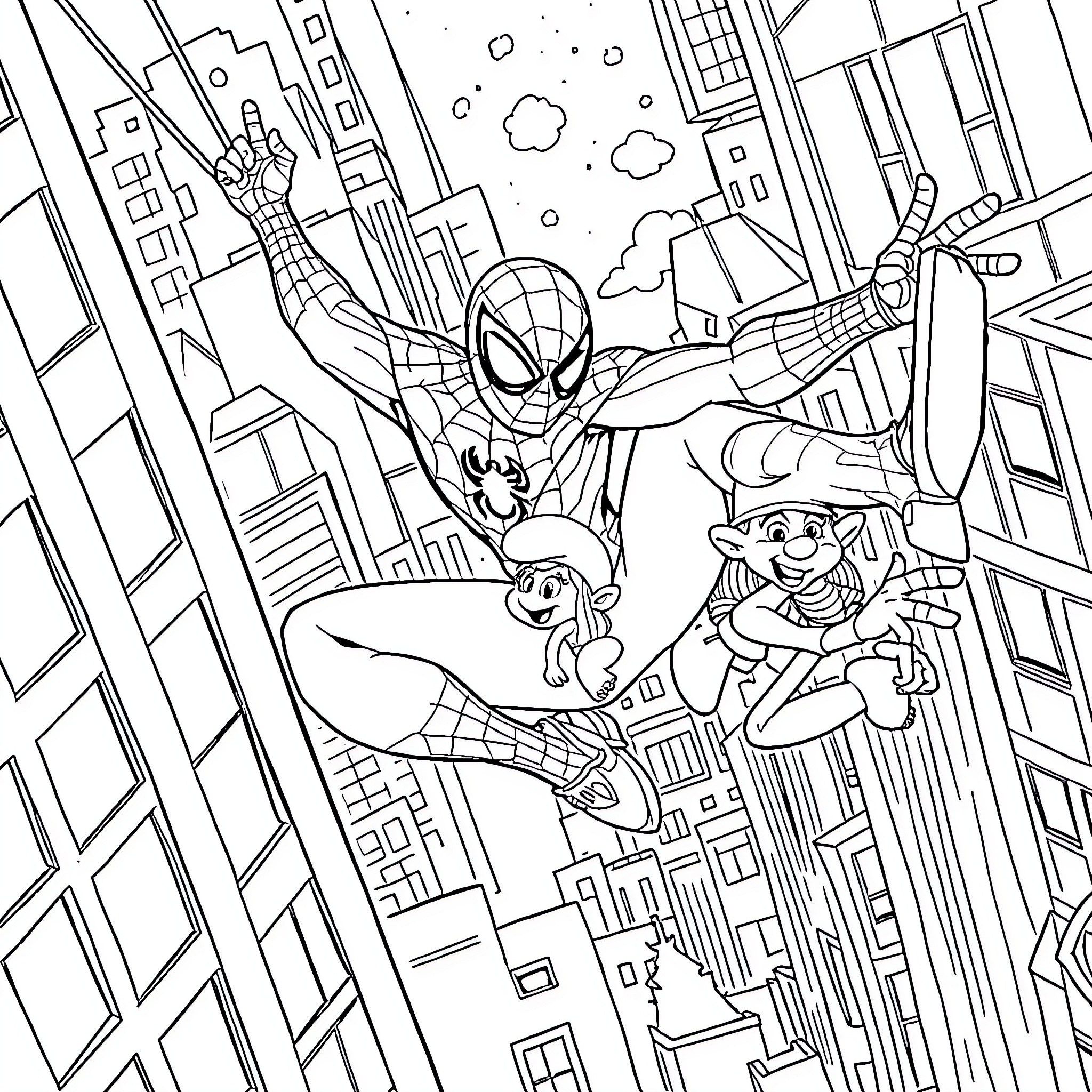 Spiderman swinging through the city with Gnome companion Coloring Page (free black-and-white line drawing printable PDF for all, from beginners to advanced learners, including children, teens, adults, and seniors)