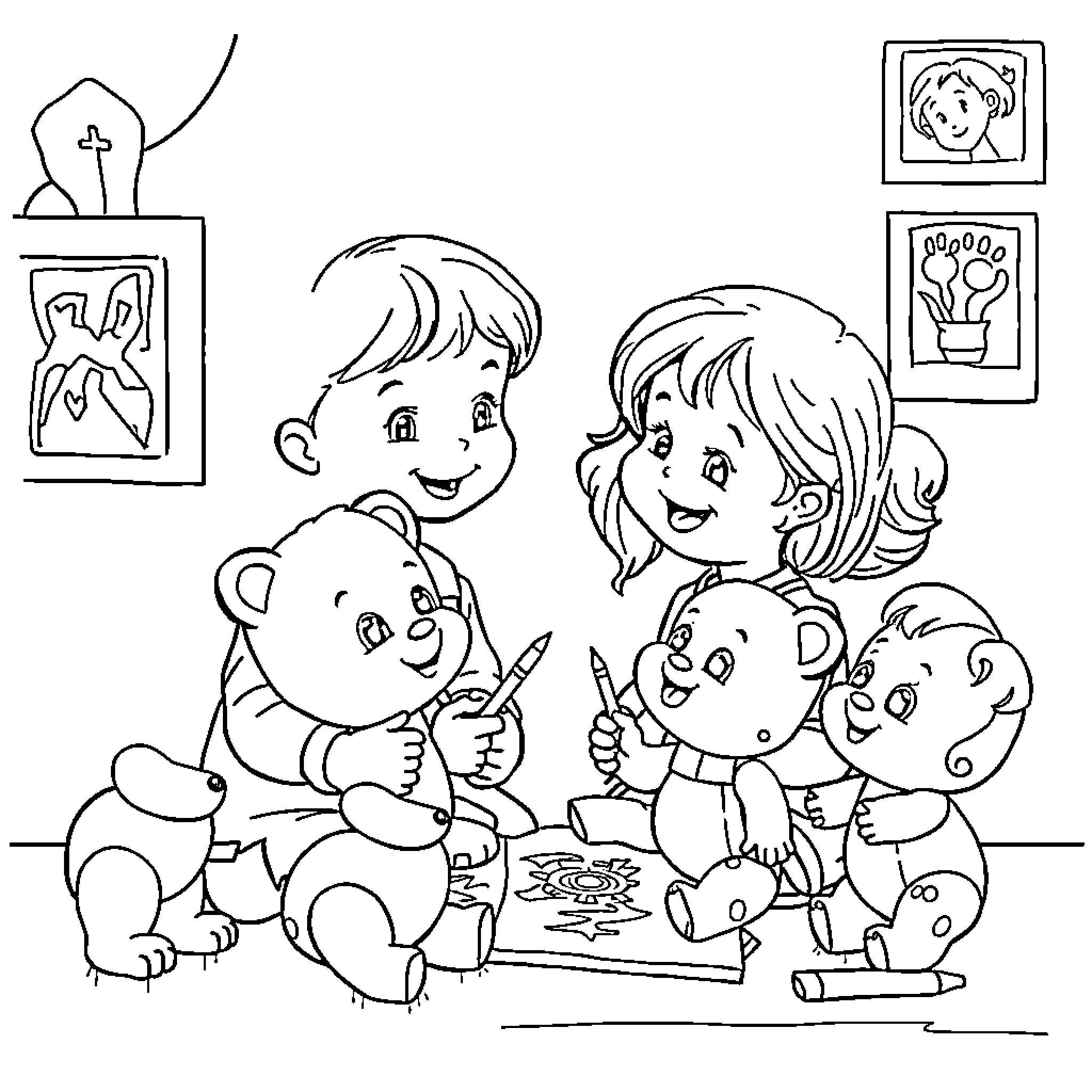 Girl Coloring with Family at Home Coloring Page (free black-and-white line drawing printable PDF for all, from beginners to advanced learners, including children, teens, adults, and seniors)