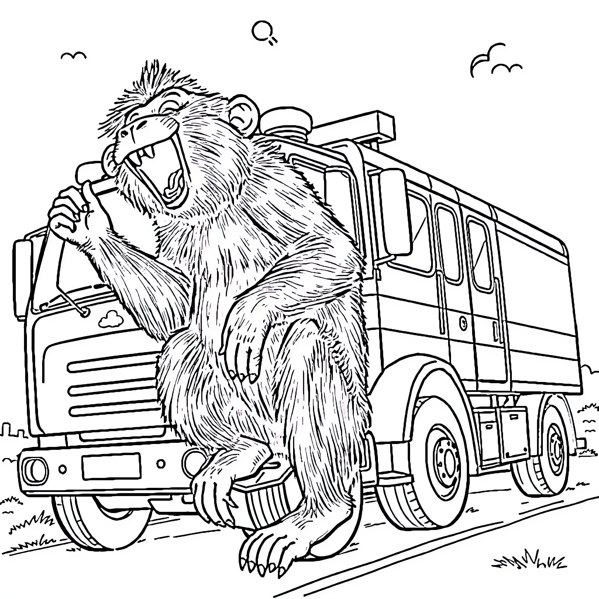 Singe's Boisterous Ride on the Rugged Truck Coloring Page (free black-and-white line drawing printable PDF for all, from beginners to advanced learners, including children, teens, adults, and seniors)