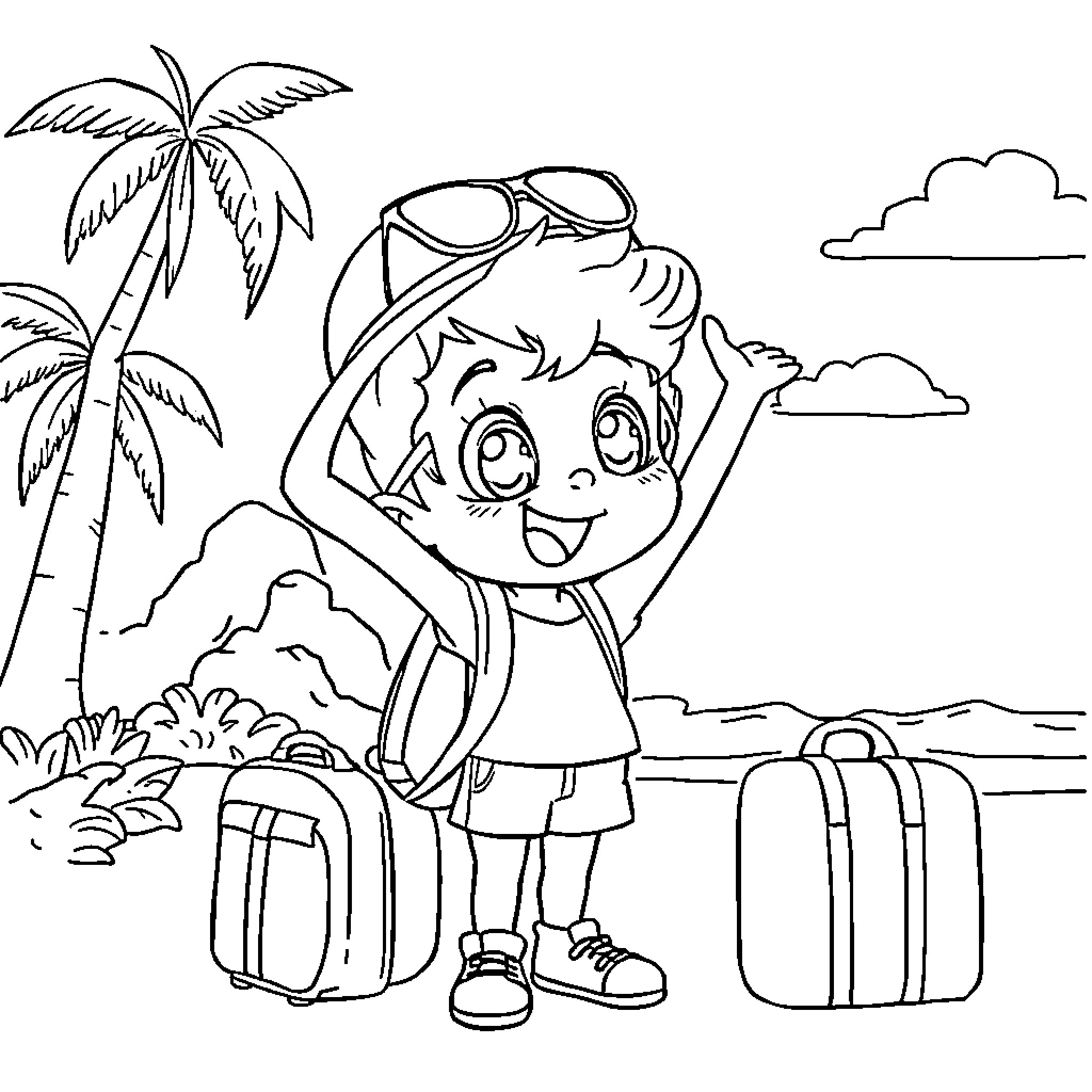 Young Traveler Exploring Tropical Destination Coloring Page (free black-and-white line drawing printable PDF for all, from beginners to advanced learners, including children, teens, adults, and seniors)