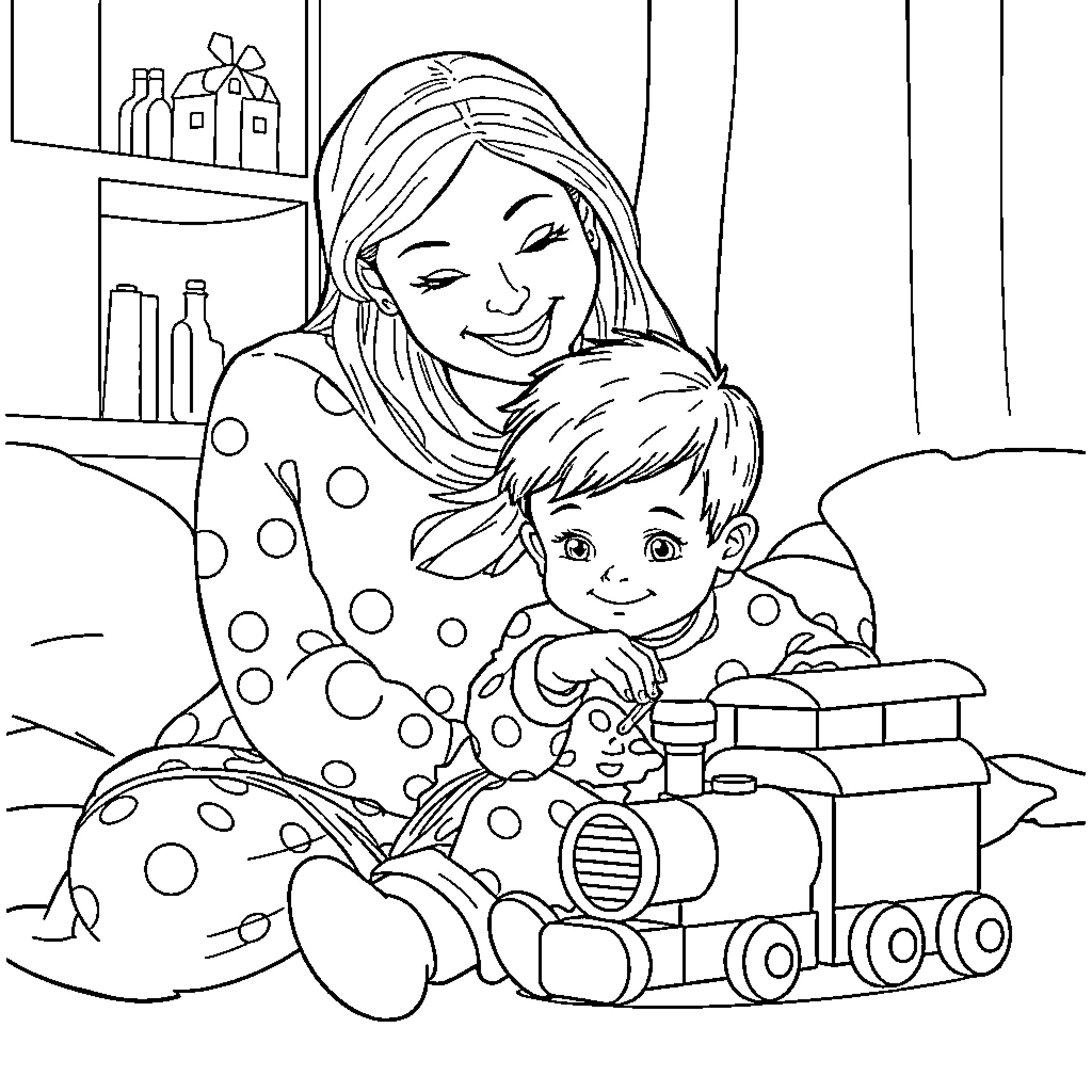 Boy playing with toys in bedroom with caring mother Coloring Page (free black-and-white line drawing printable PDF for all, from beginners to advanced learners, including children, teens, adults, and seniors)
