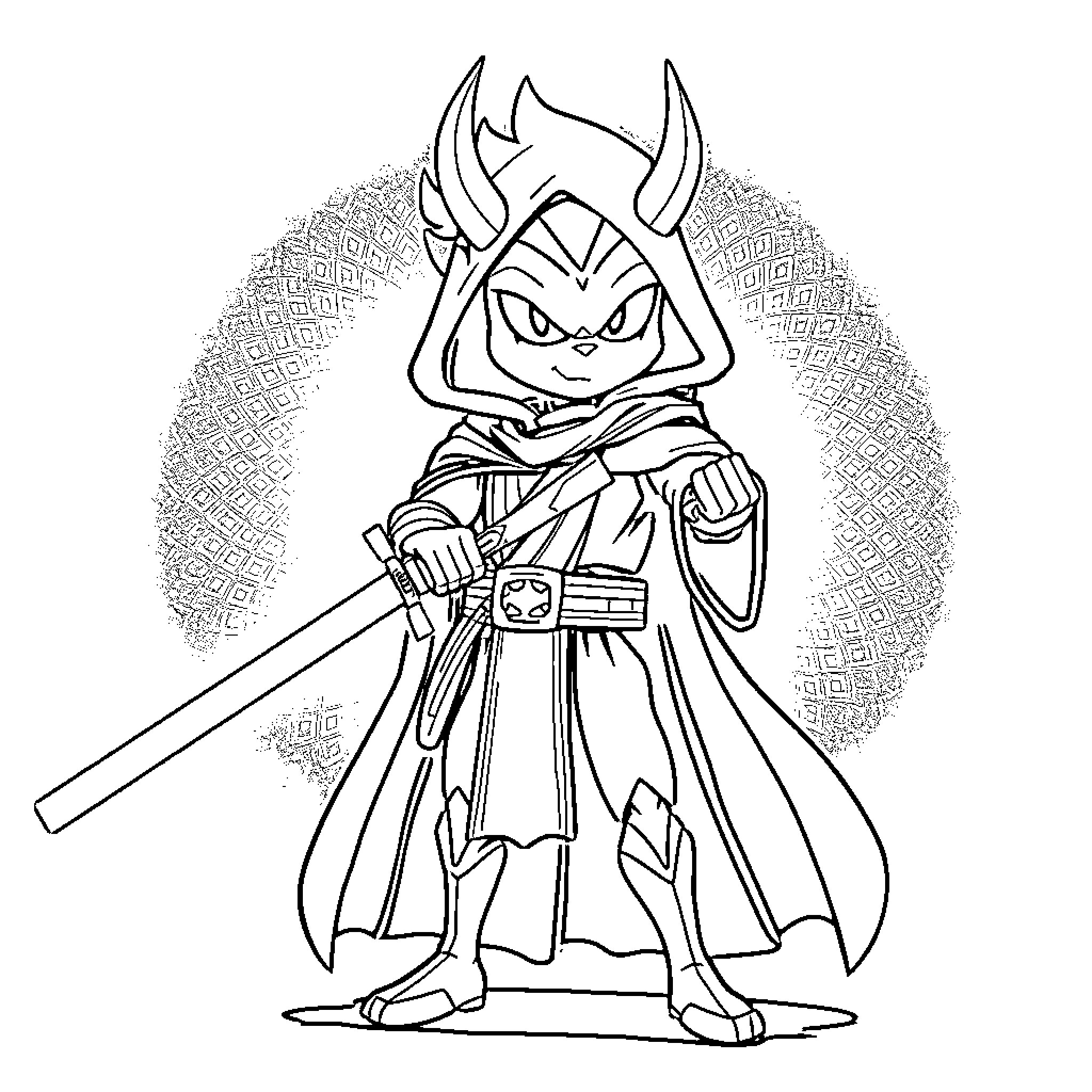 Sundevil Warrior Stance with Sword Coloring Page (free black-and-white line drawing printable PDF for all, from beginners to advanced learners, including children, teens, adults, and seniors)