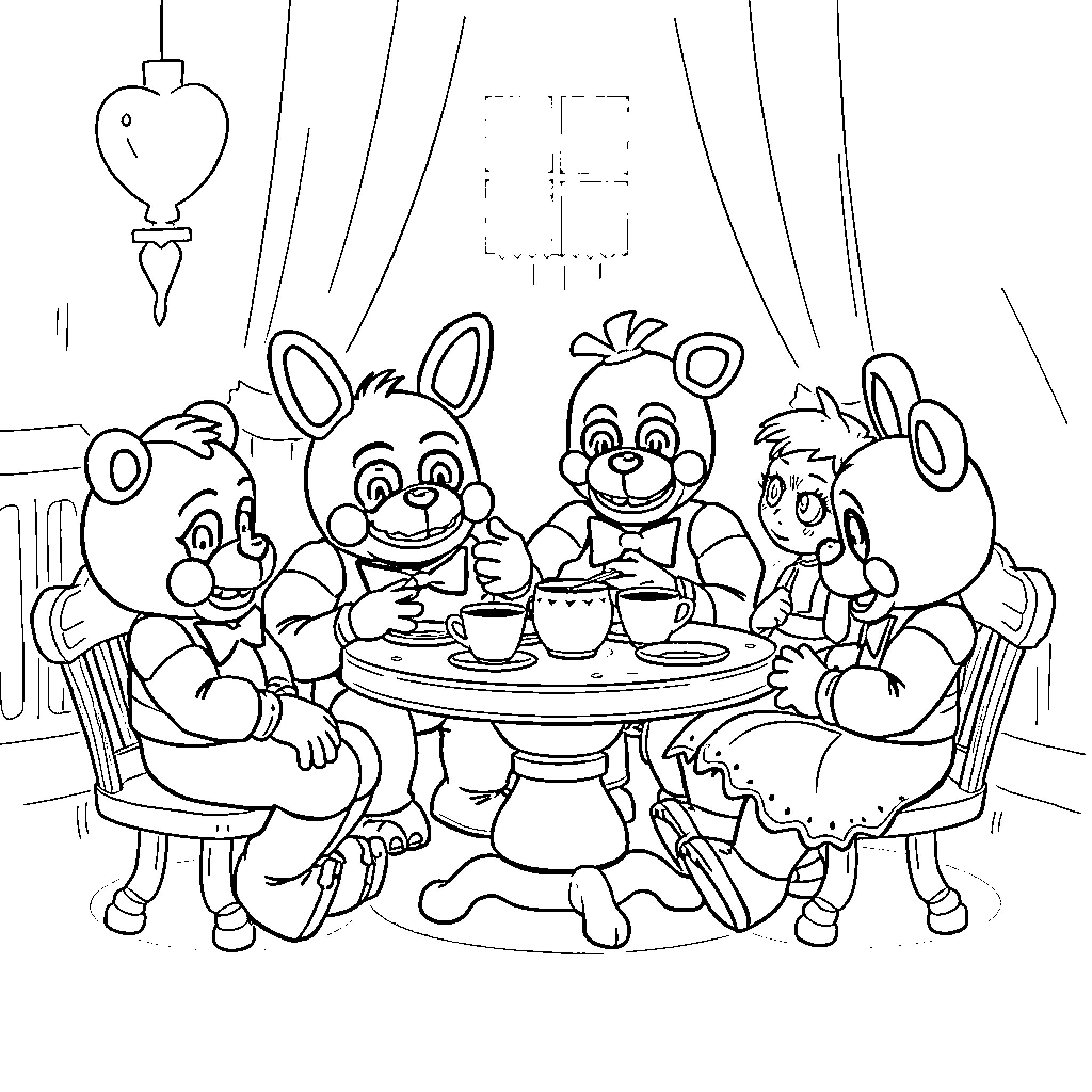 Freddy and friends having a tea party Coloring Page (free black-and-white line drawing printable PDF for all, from beginners to advanced learners, including children, teens, adults, and seniors)