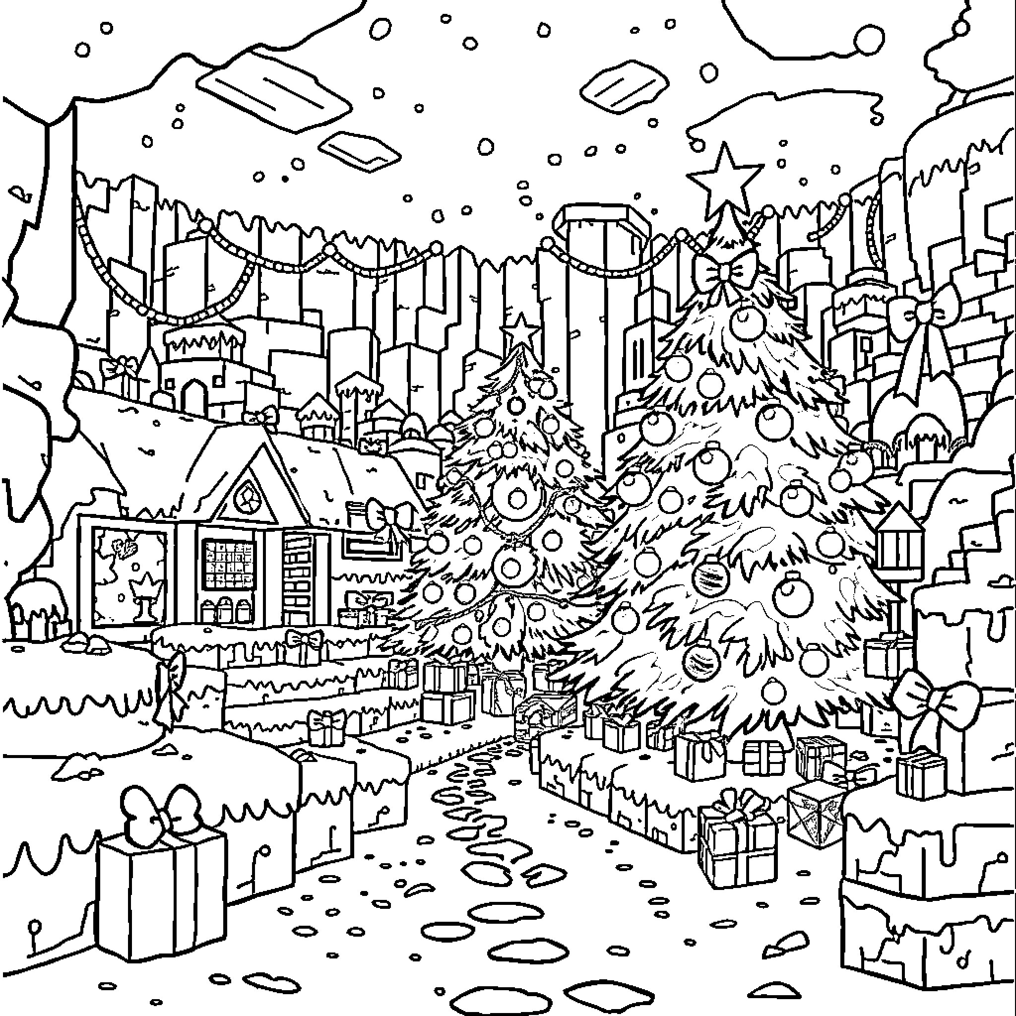 Christmas Minecraft Winter Wonderland Celebration Coloring Page (free black-and-white line drawing printable PDF for all, from beginners to advanced learners, including children, teens, adults, and seniors)