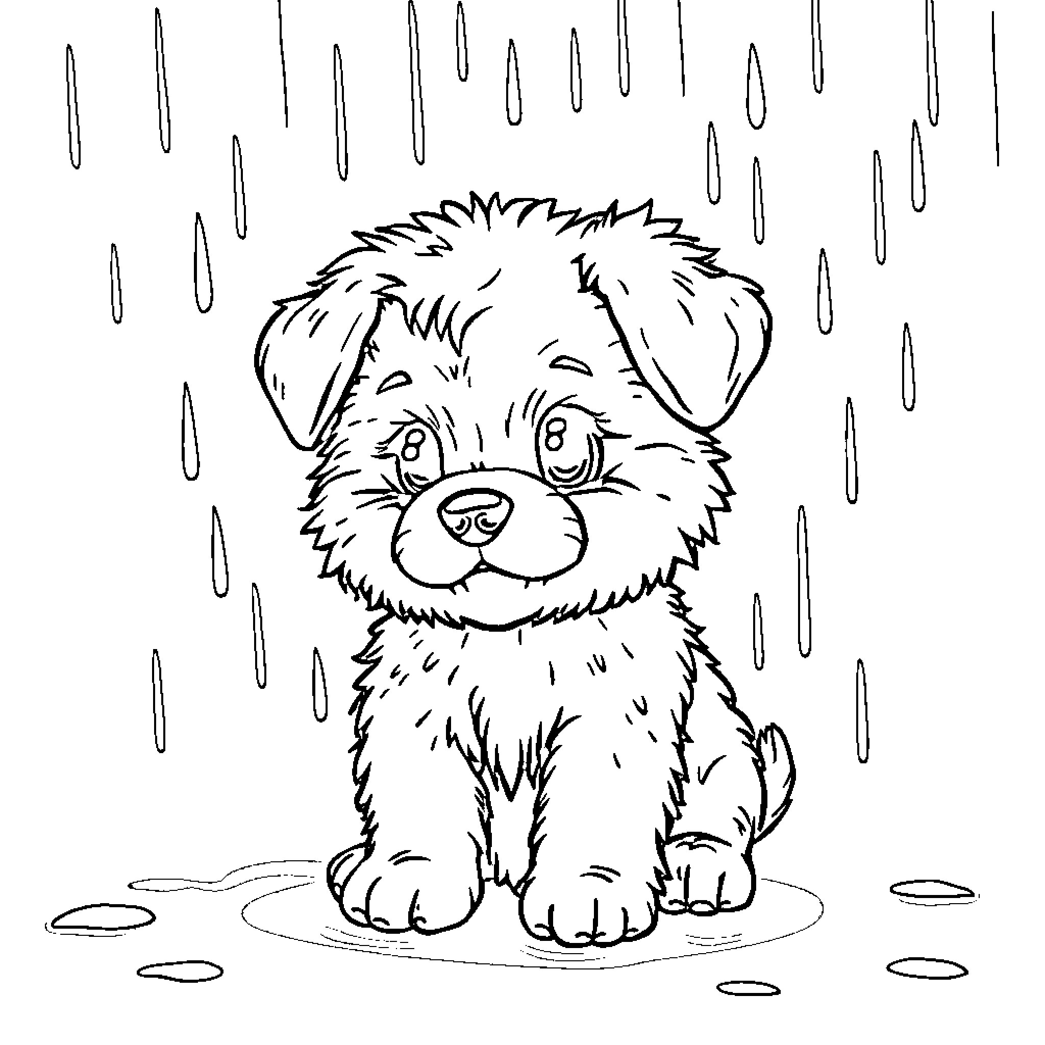 Puppy playing in the rain Coloring Page (free black-and-white line drawing printable PDF for all, from beginners to advanced learners, including children, teens, adults, and seniors)
