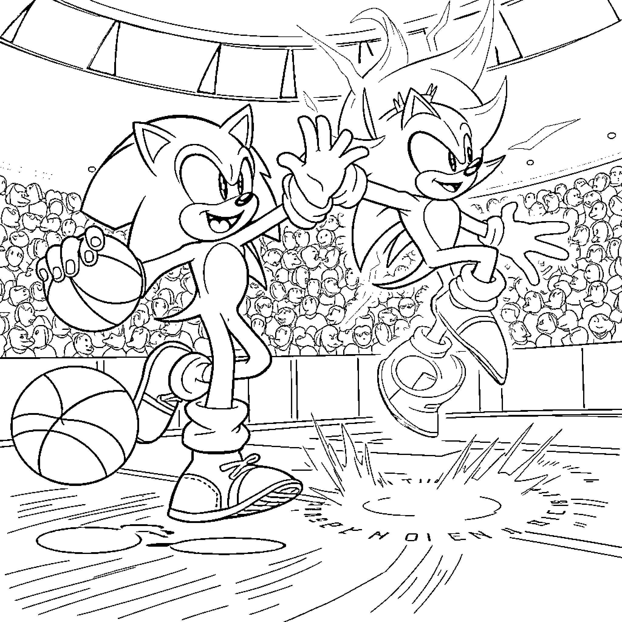 Sonic and friends in an exciting performance Coloring Page (free black-and-white line drawing printable PDF for all, from beginners to advanced learners, including children, teens, adults, and seniors)