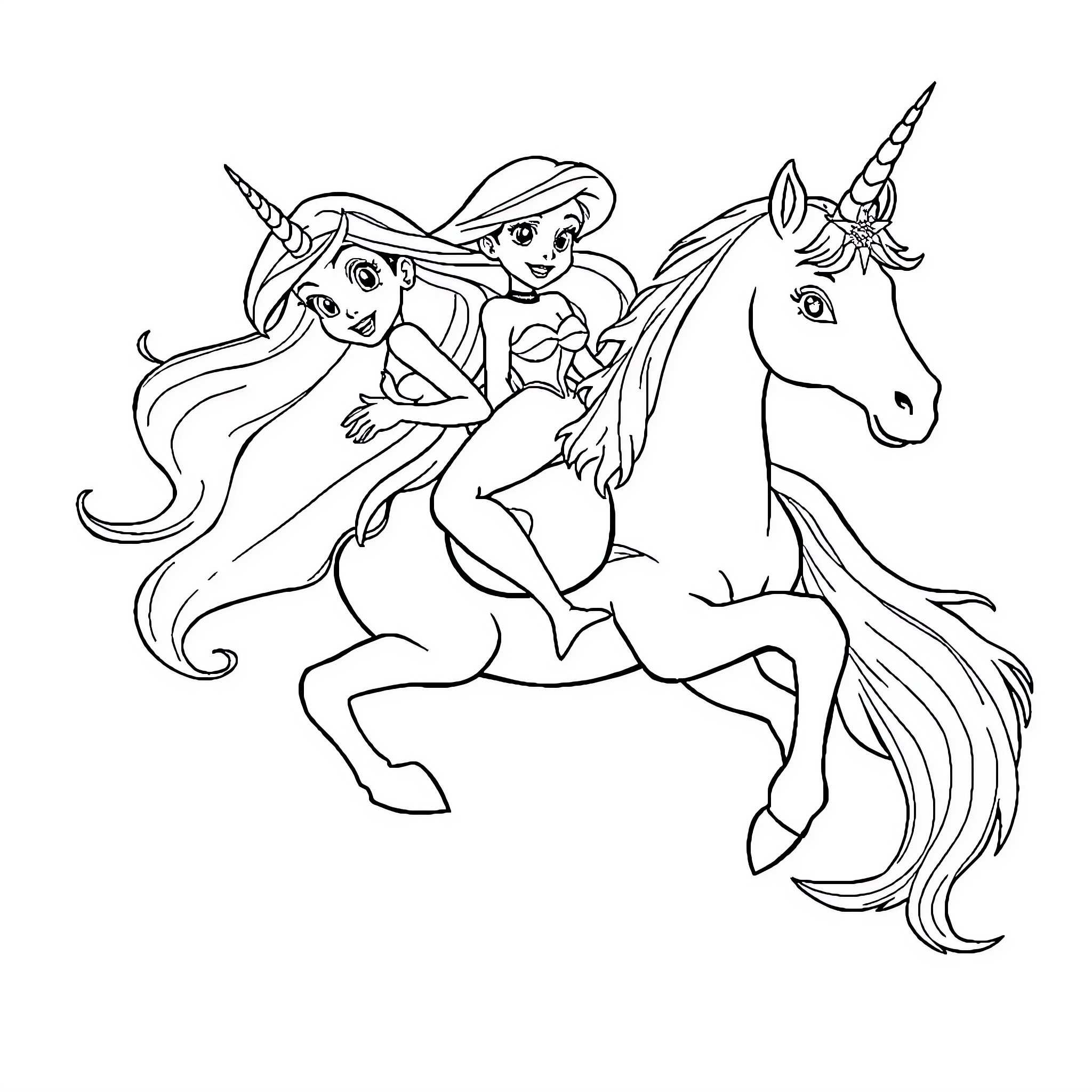 Ariel riding a unicorn with joy and adventure Coloring Page (free black-and-white line drawing printable PDF for all, from beginners to advanced learners, including children, teens, adults, and seniors)