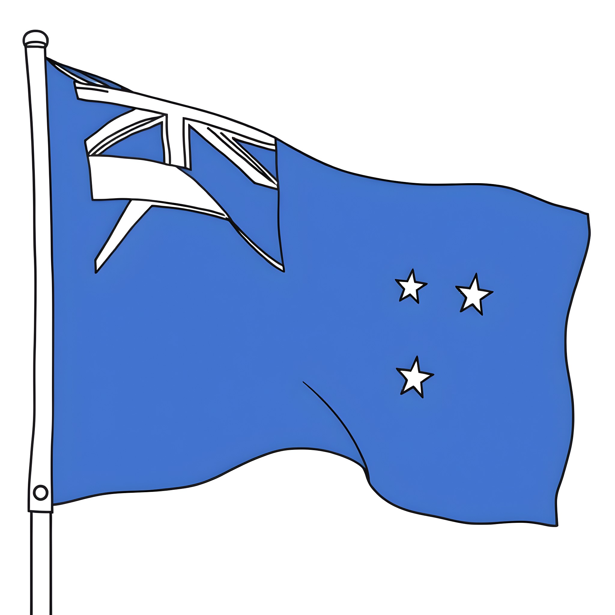 New Zealand Flag Waving Proudly Coloring Page (free black-and-white line drawing printable PDF for all, from beginners to advanced learners, including children, teens, adults, and seniors)