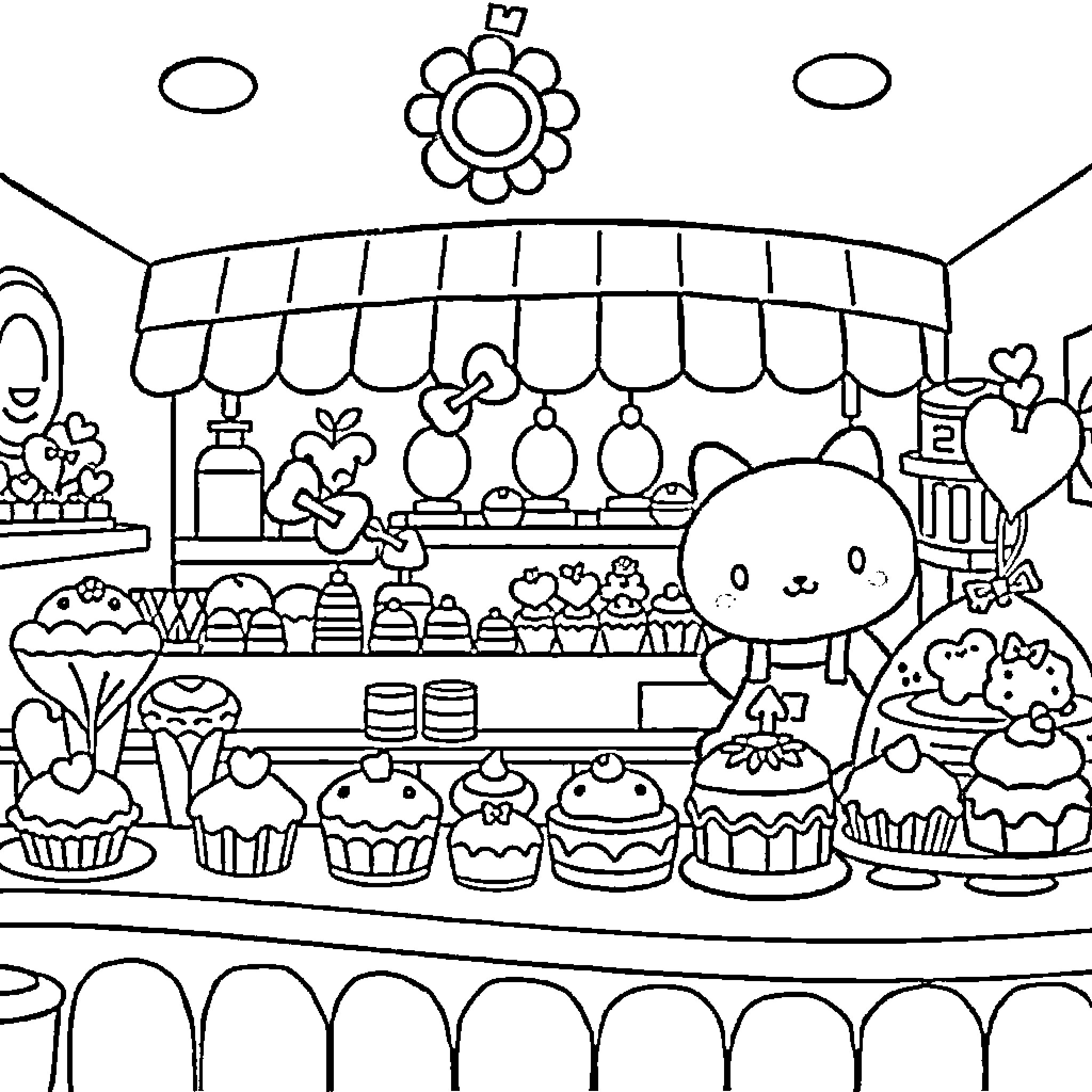 Kuromi in a Whimsical Bakery Setting Coloring Page (free black-and-white line drawing printable PDF for all, from beginners to advanced learners, including children, teens, adults, and seniors)