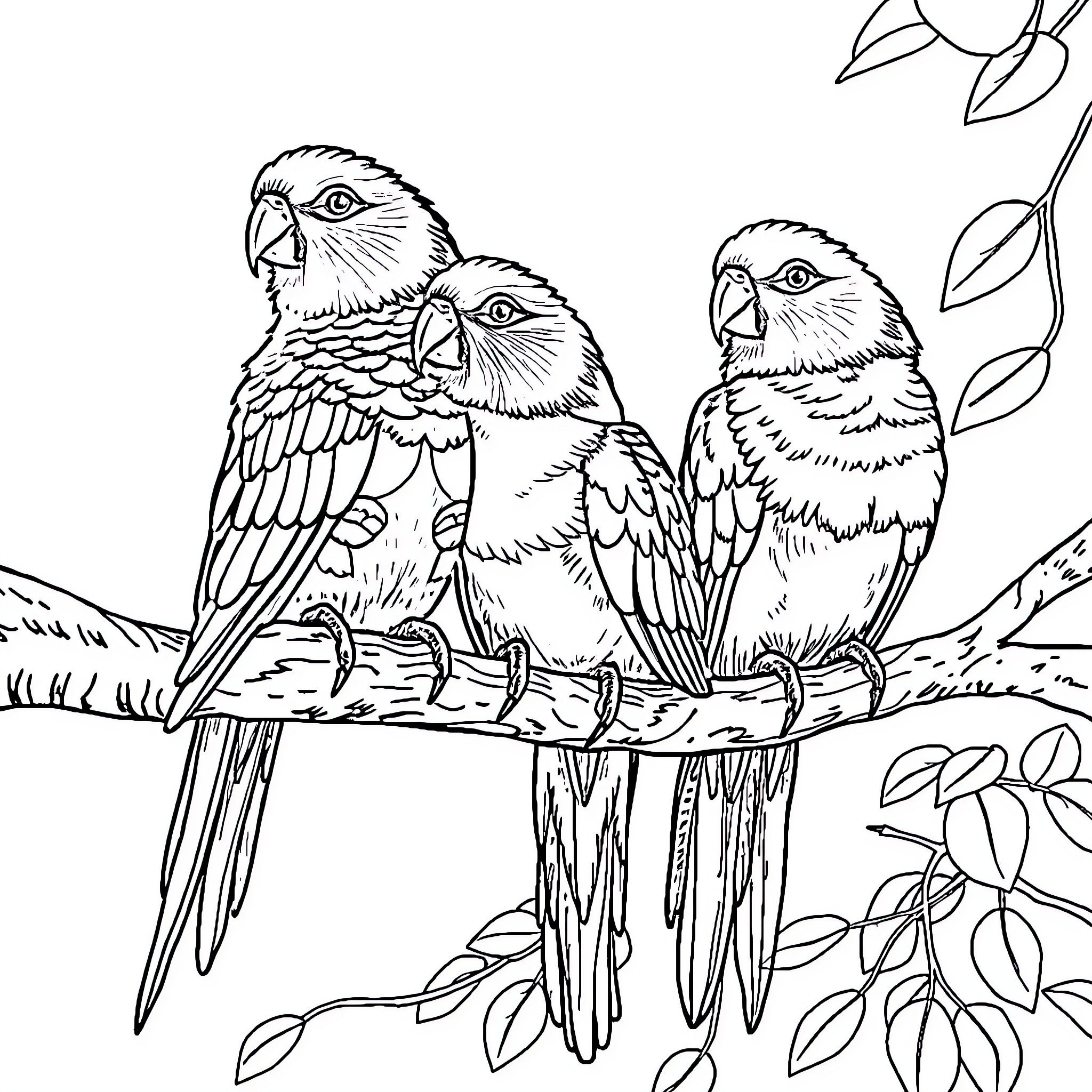 Titled Tropical Birds Perched on Branches Coloring Page (free black-and-white line drawing printable PDF for all, from beginners to advanced learners, including children, teens, adults, and seniors)
