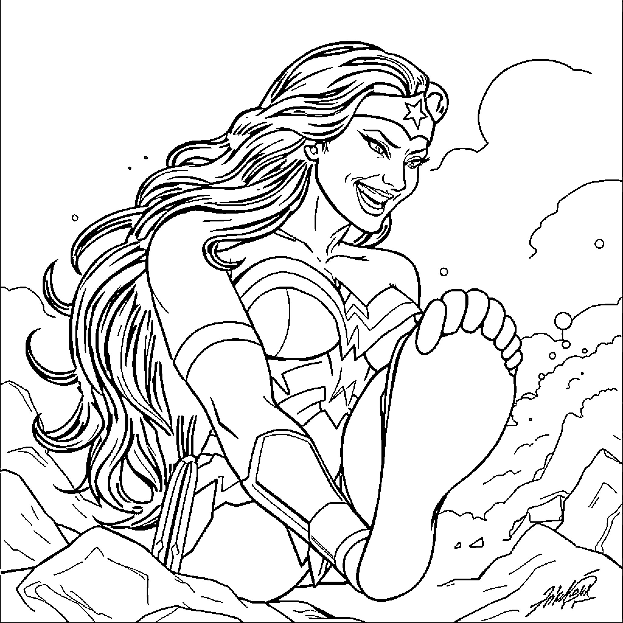 Wonder Woman in heroic action pose Coloring Page (free black-and-white line drawing printable PDF for all, from beginners to advanced learners, including children, teens, adults, and seniors)