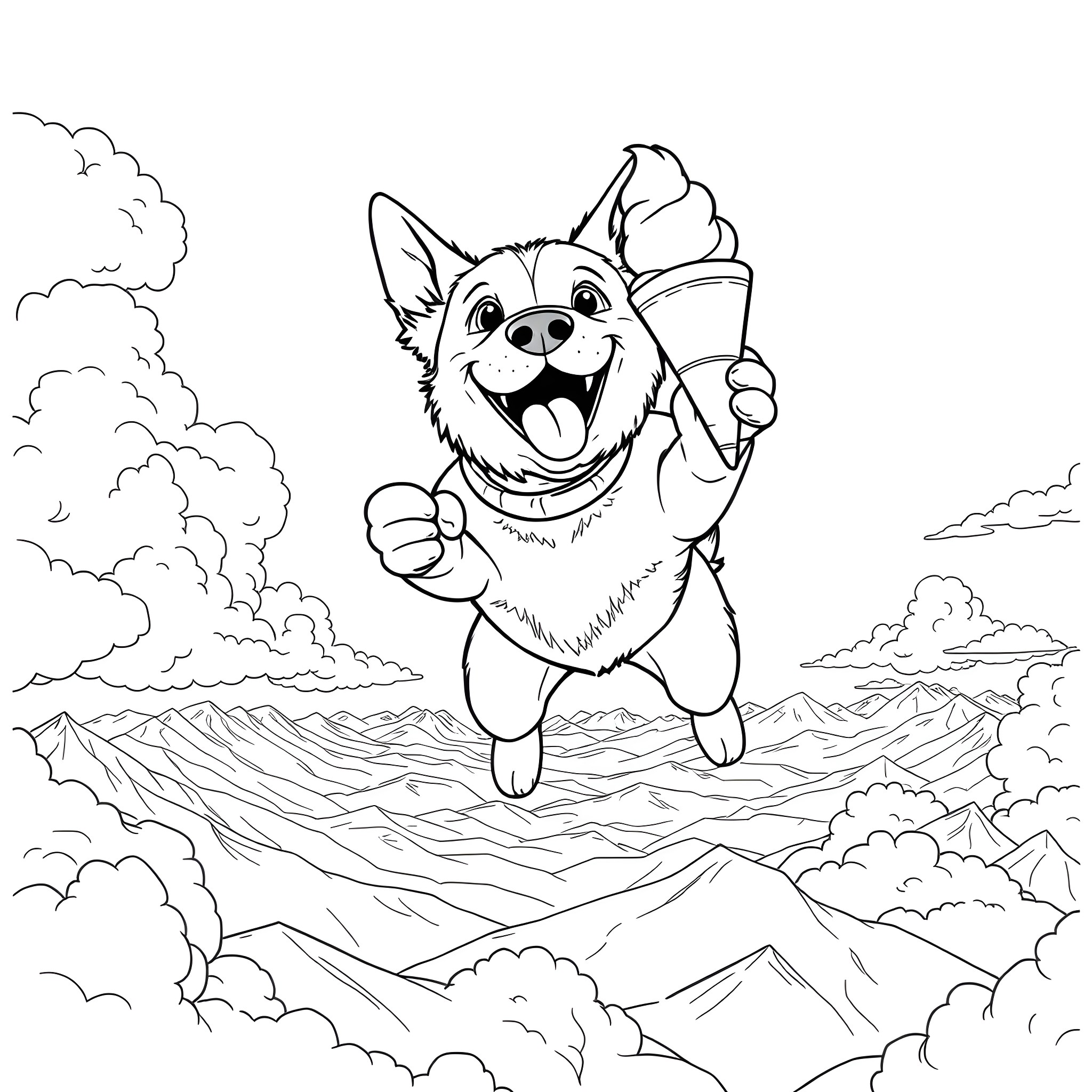 Dog enjoying an ice cream cone in the mountains Coloring Page (free black-and-white line drawing printable PDF for all, from beginners to advanced learners, including children, teens, adults, and seniors)