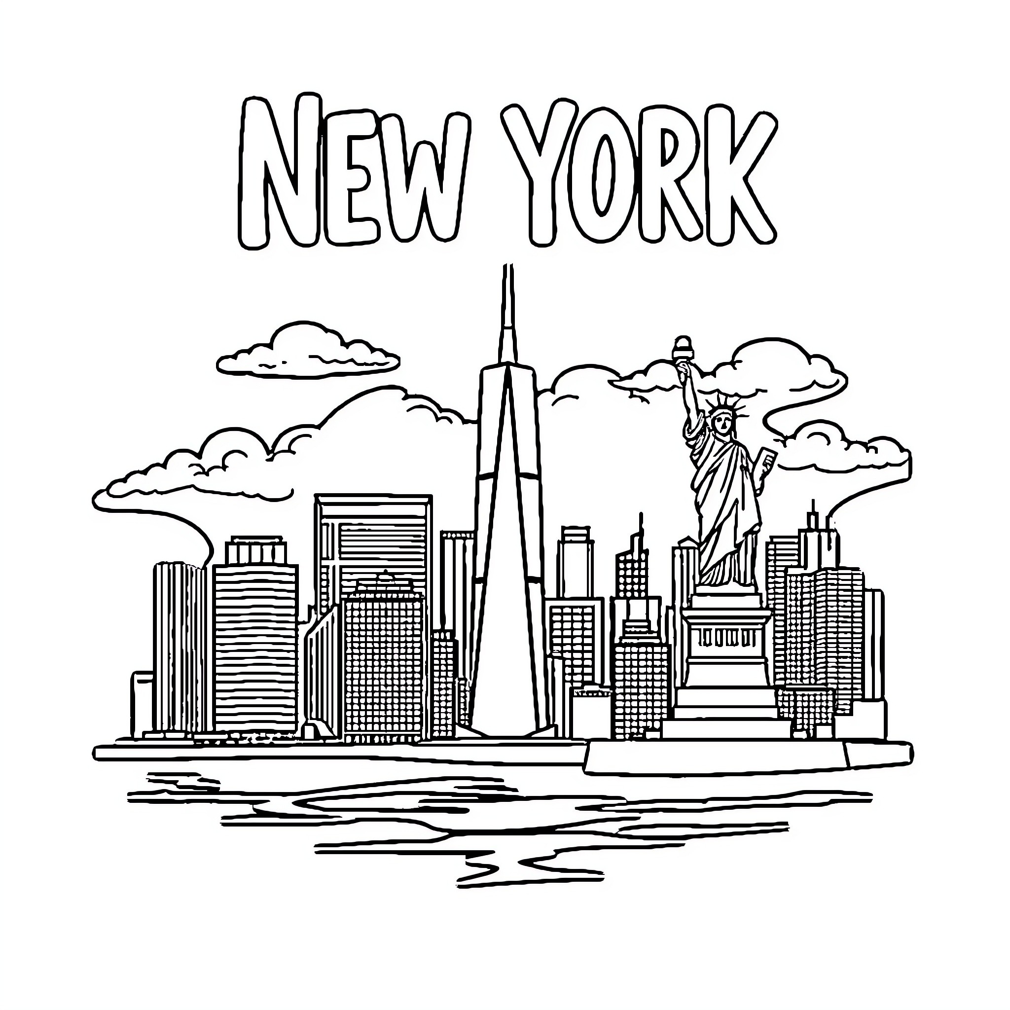 New York City Skyline and Landmarks Coloring Page (free black-and-white line drawing printable PDF for all, from beginners to advanced learners, including children, teens, adults, and seniors)