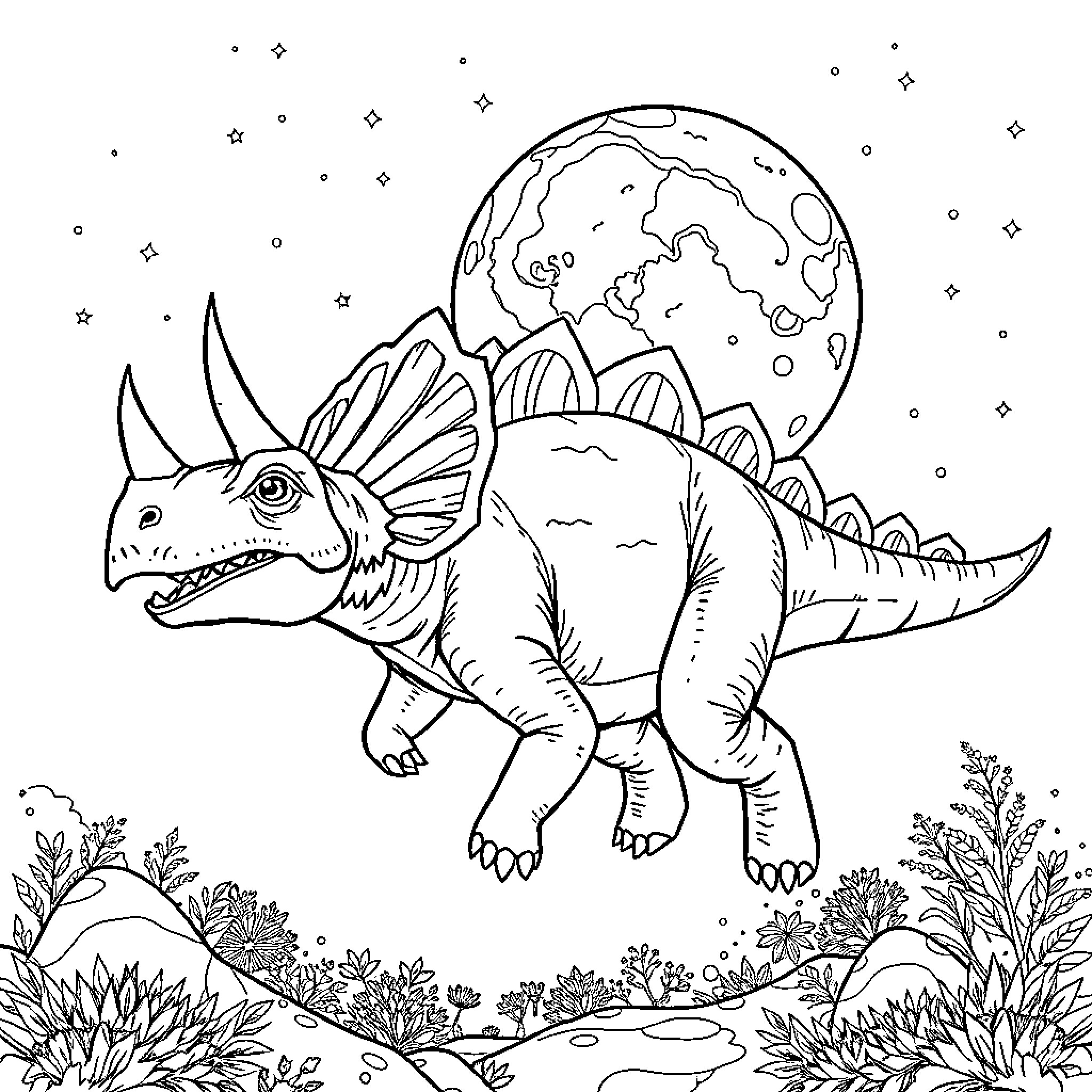 Triceratops in a Prehistoric Landscape Coloring Page (free black-and-white line drawing printable PDF for all, from beginners to advanced learners, including children, teens, adults, and seniors)