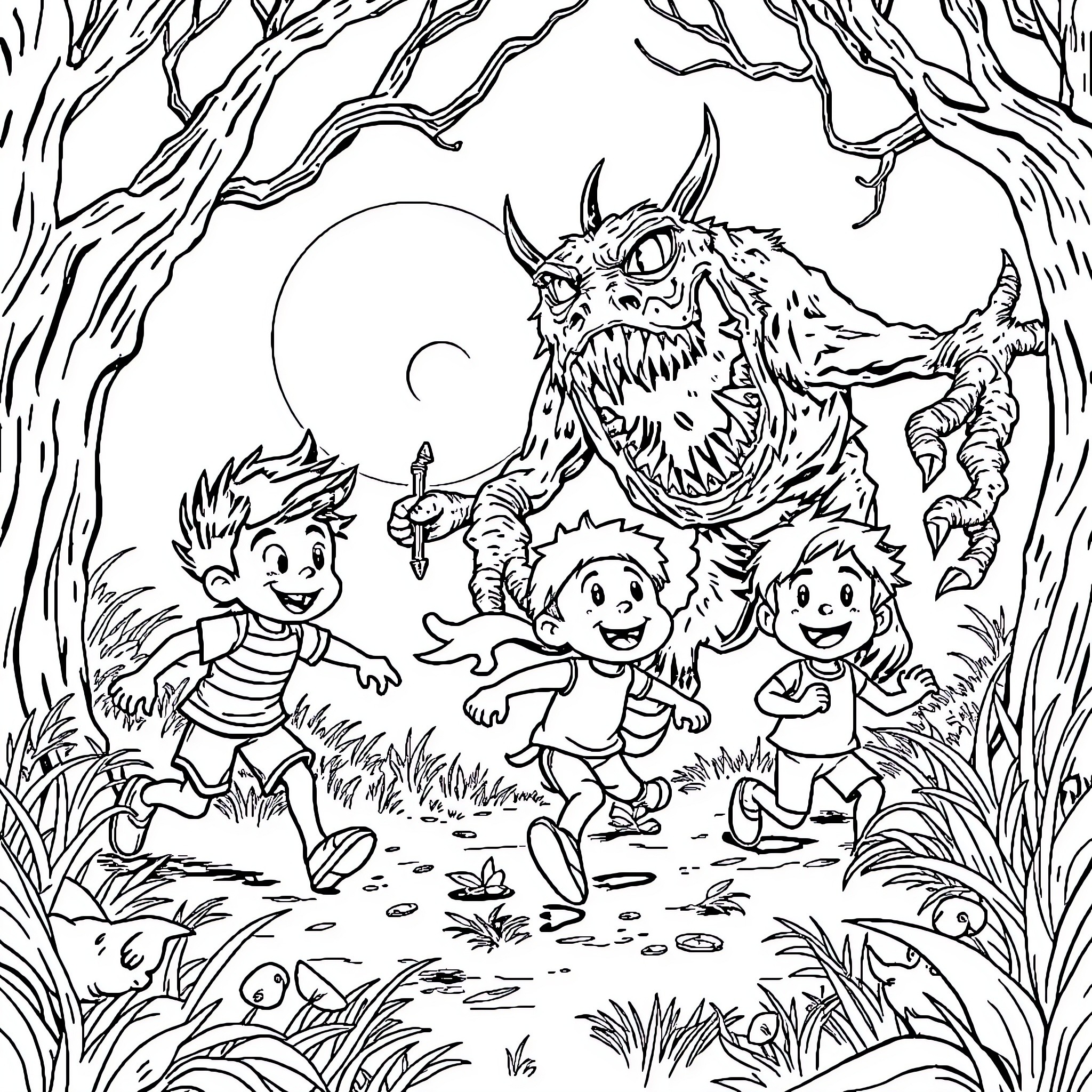 Dandy trio explore the enchanted forest Coloring Page (free black-and-white line drawing printable PDF for all, from beginners to advanced learners, including children, teens, adults, and seniors)