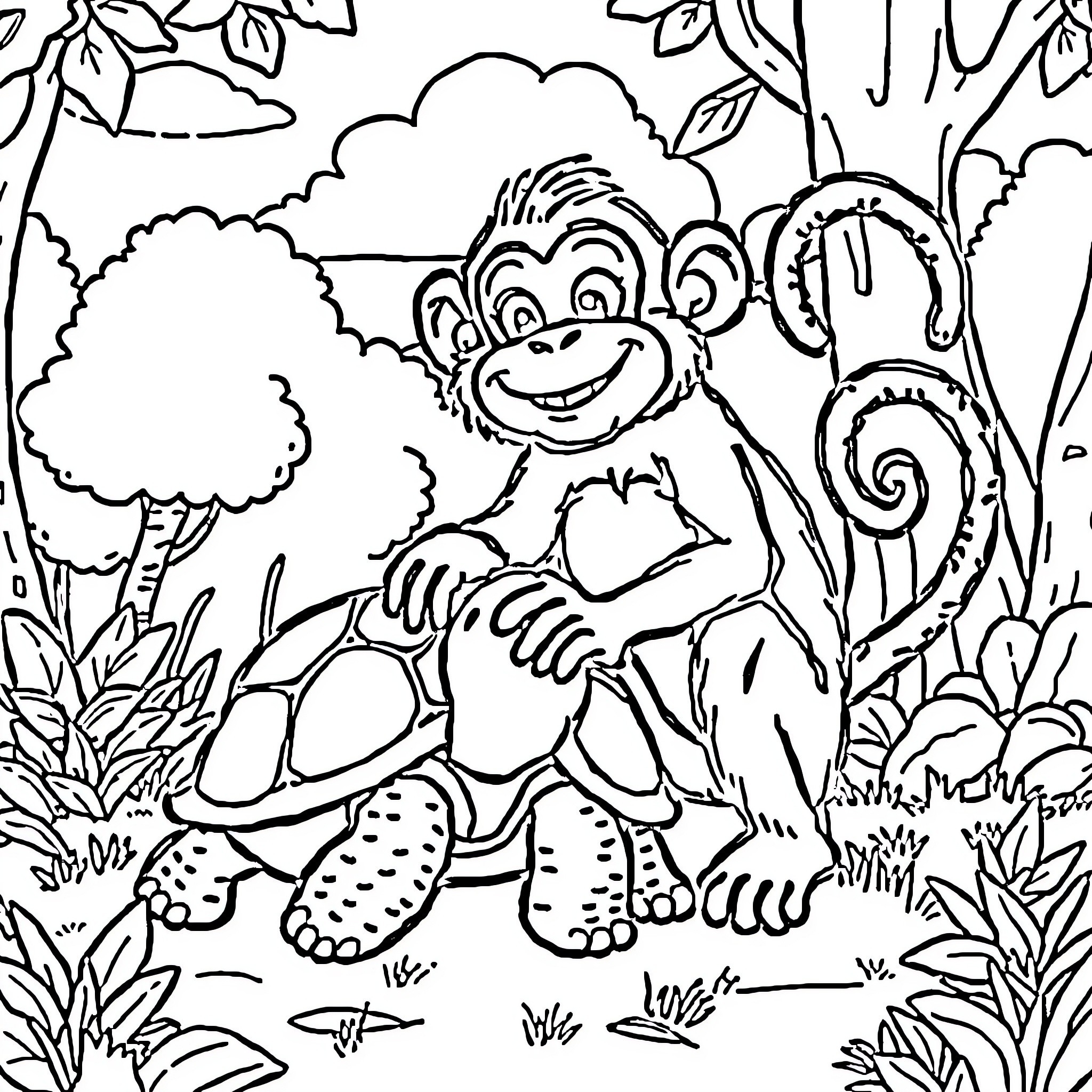 Turtle monkey in the jungle Coloring Page (free black-and-white line drawing printable PDF for all, from beginners to advanced learners, including children, teens, adults, and seniors)