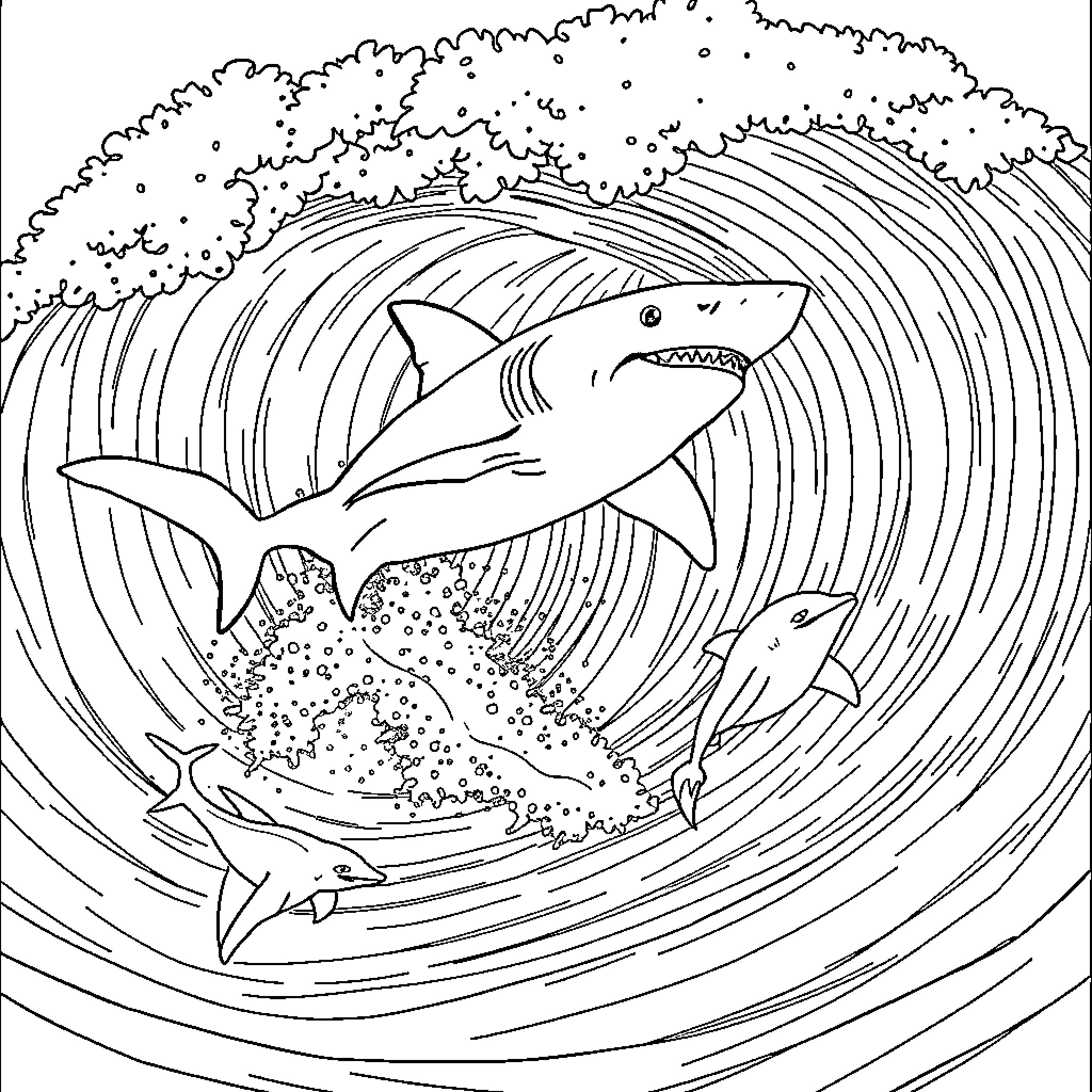Shark Riding Waves in the Ocean Coloring Page (free black-and-white line drawing printable PDF for all, from beginners to advanced learners, including children, teens, adults, and seniors)