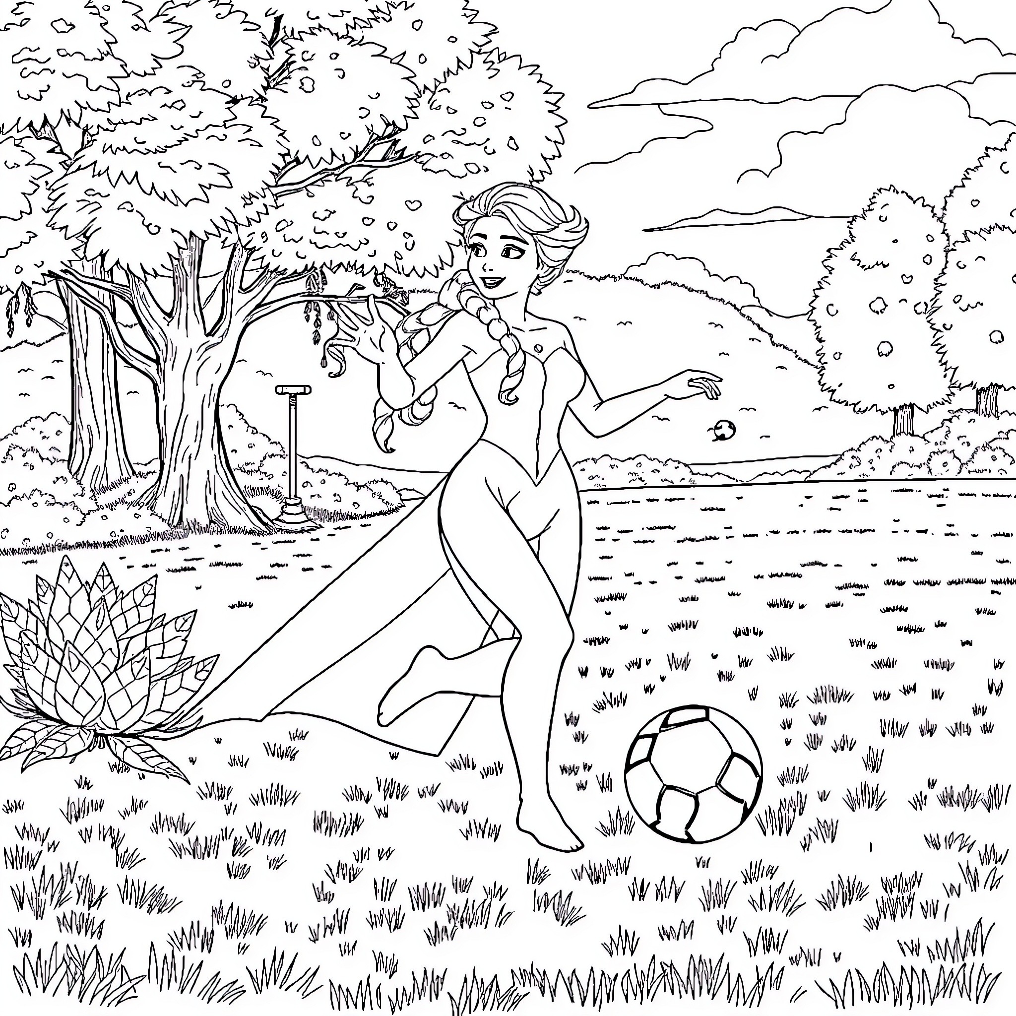 Elsa enjoying a sunny day outdoors with a soccer ball Coloring Page (free black-and-white line drawing printable PDF for all, from beginners to advanced learners, including children, teens, adults, and seniors)