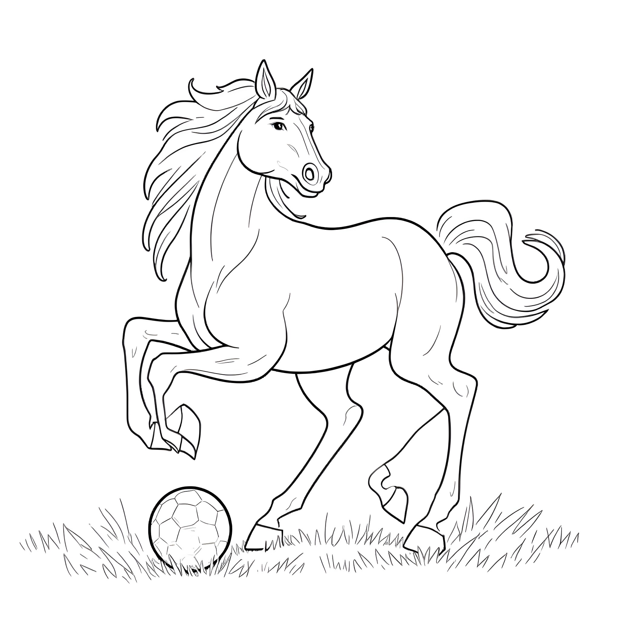 Mustang playing with soccer ball in the field Coloring Page (free black-and-white line drawing printable PDF for all, from beginners to advanced learners, including children, teens, adults, and seniors)