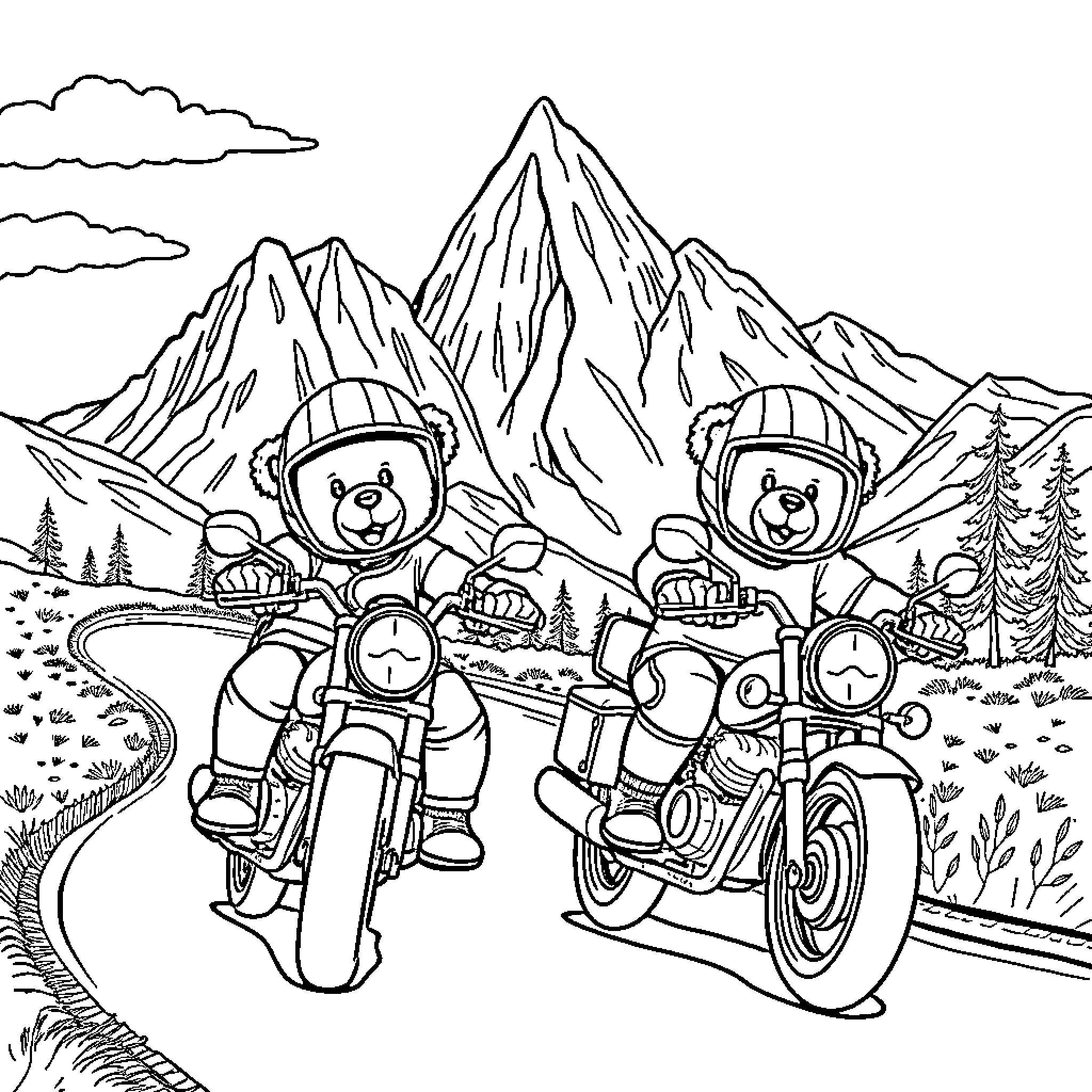 Teddy Bears riding motorcycles in the mountains Coloring Page (free black-and-white line drawing printable PDF for all, from beginners to advanced learners, including children, teens, adults, and seniors)