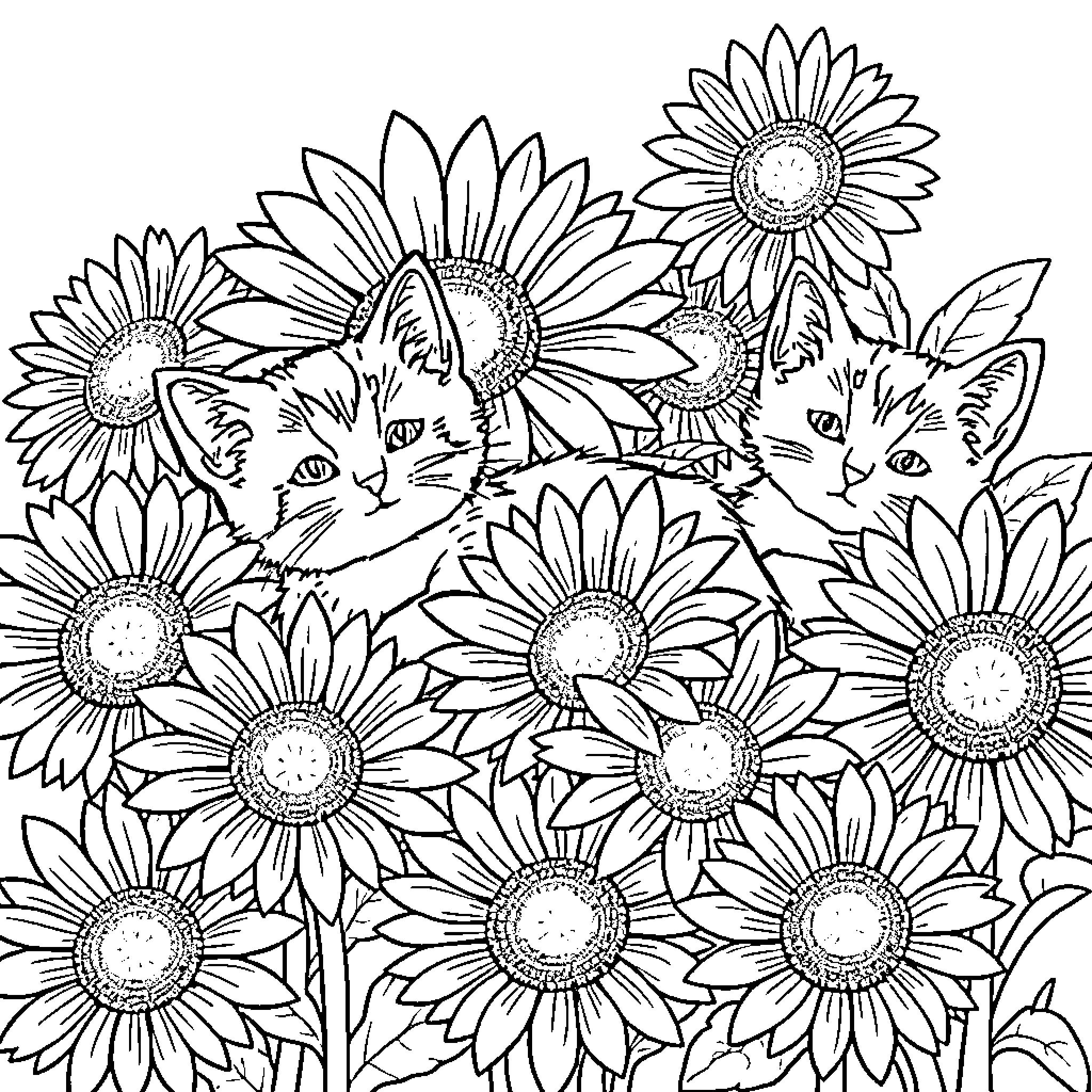 Cat peeking through sunflowers Coloring Page (free black-and-white line drawing printable PDF for all, from beginners to advanced learners, including children, teens, adults, and seniors)