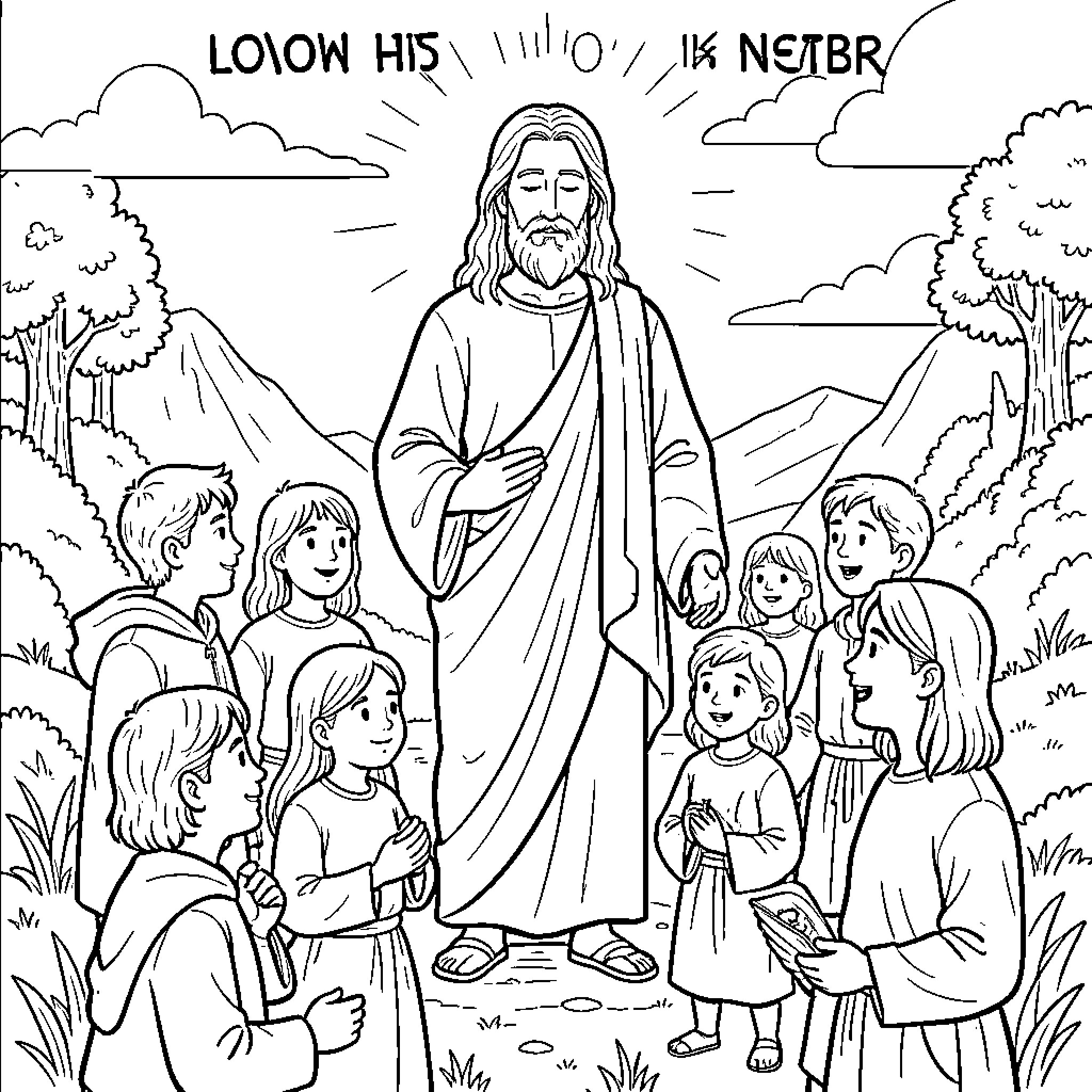 God standing with children gathered around in a peaceful forest Coloring Page (free black-and-white line drawing printable PDF for all, from beginners to advanced learners, including children, teens, adults, and seniors)