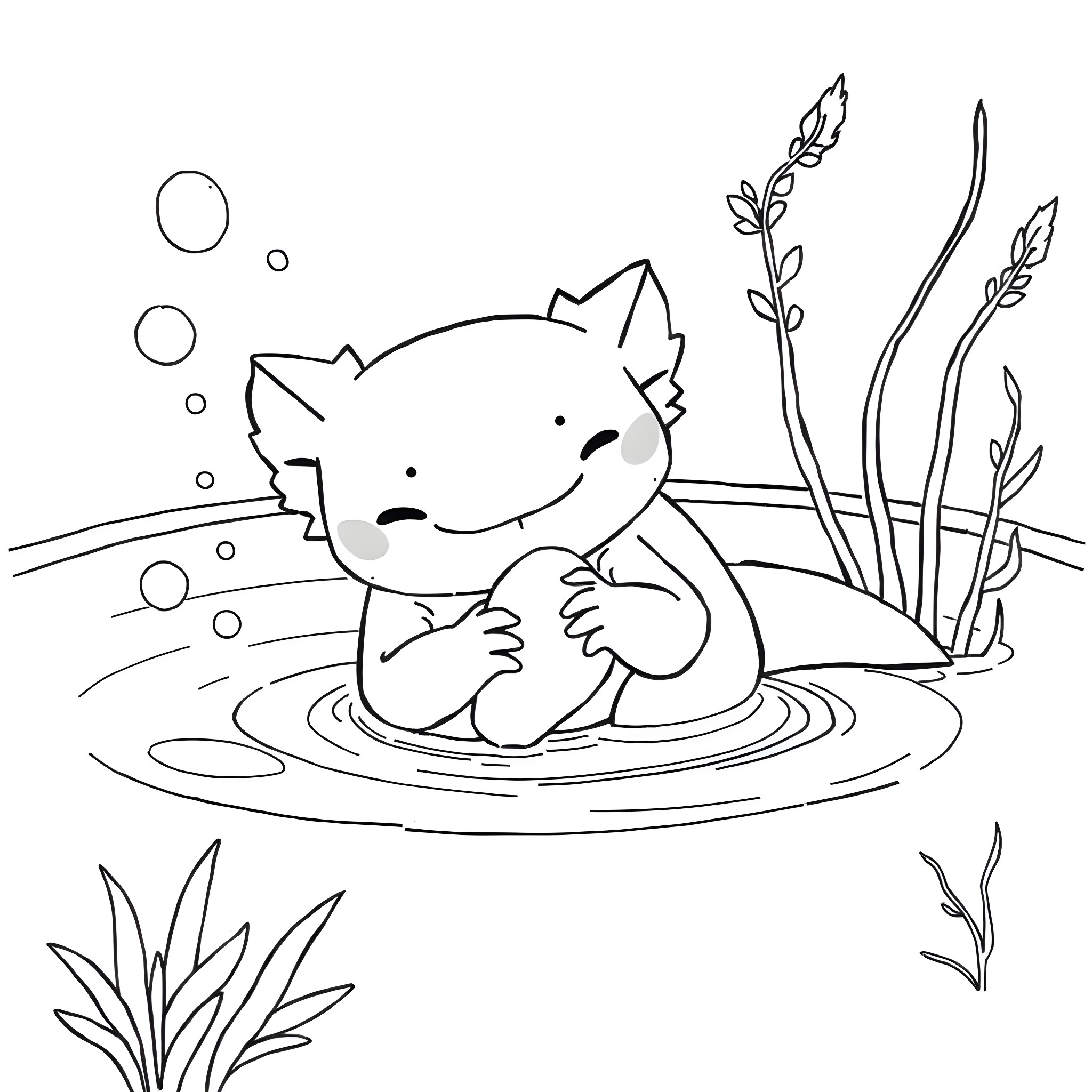 Axolotl swimming playfully in pond Coloring Page (free black-and-white line drawing printable PDF for all, from beginners to advanced learners, including children, teens, adults, and seniors)