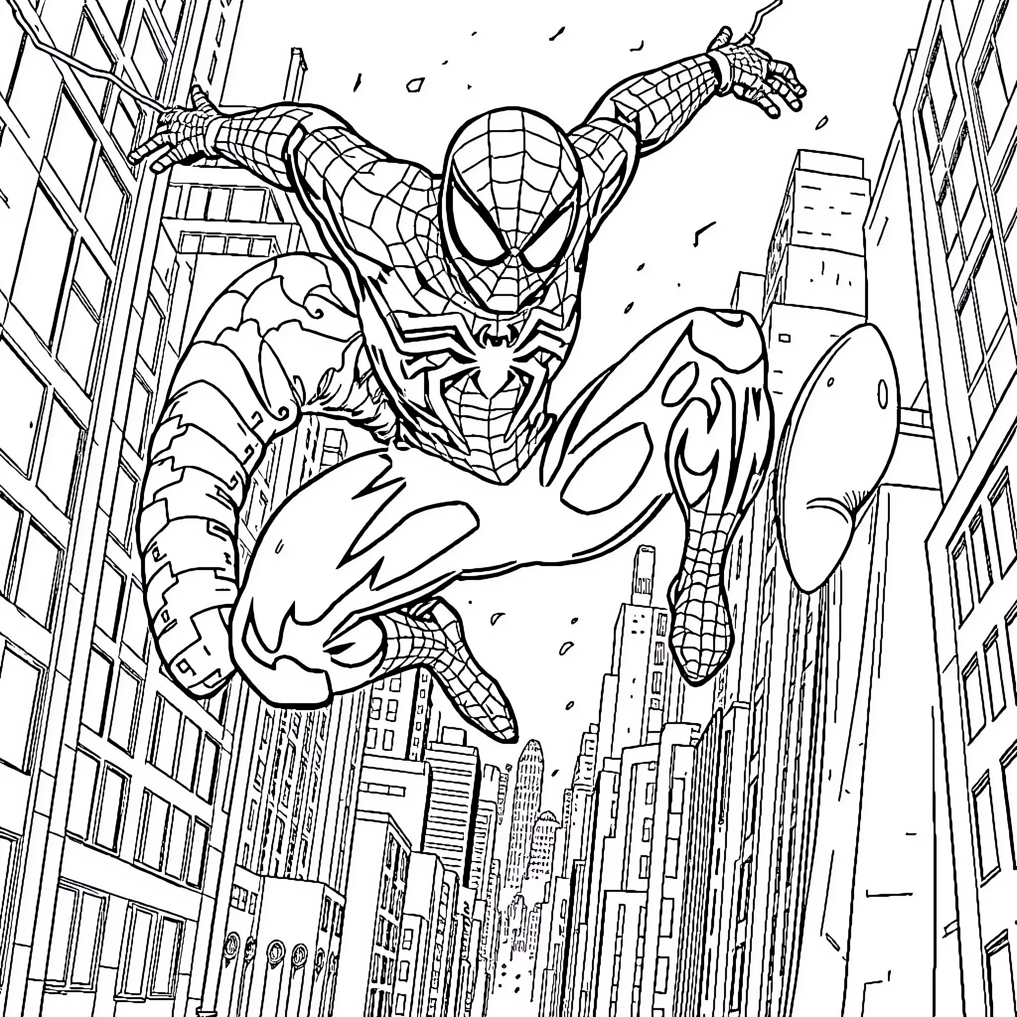 Spiderman swinging through the city skyline Coloring Page (free black-and-white line drawing printable PDF for all, from beginners to advanced learners, including children, teens, adults, and seniors)