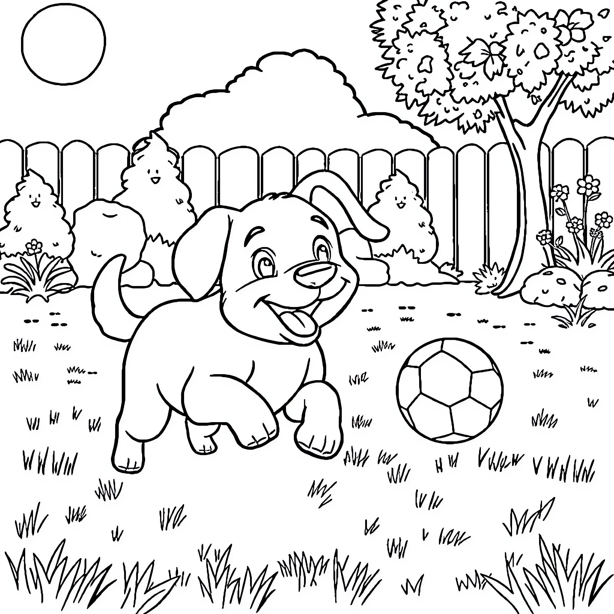 Dog playing with ball in outdoor scene Coloring Page (free black-and-white line drawing printable PDF for all, from beginners to advanced learners, including children, teens, adults, and seniors)