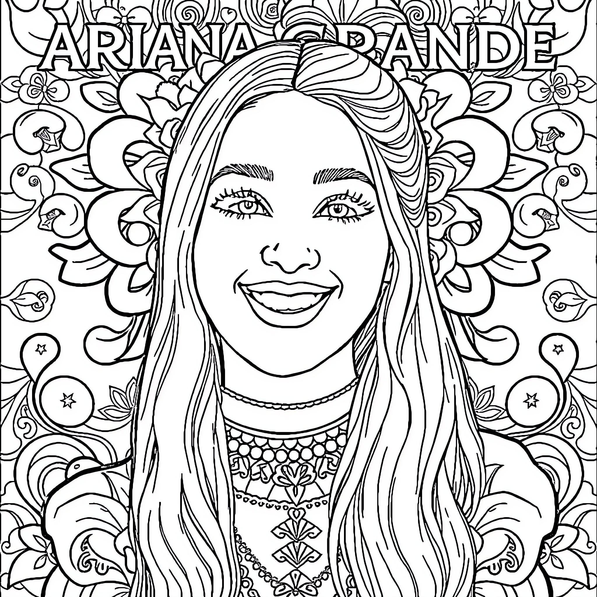 Ariana Grande Smiling Amid Intricate Floral Patterns Coloring Page (free black-and-white line drawing printable PDF for all, from beginners to advanced learners, including children, teens, adults, and seniors)