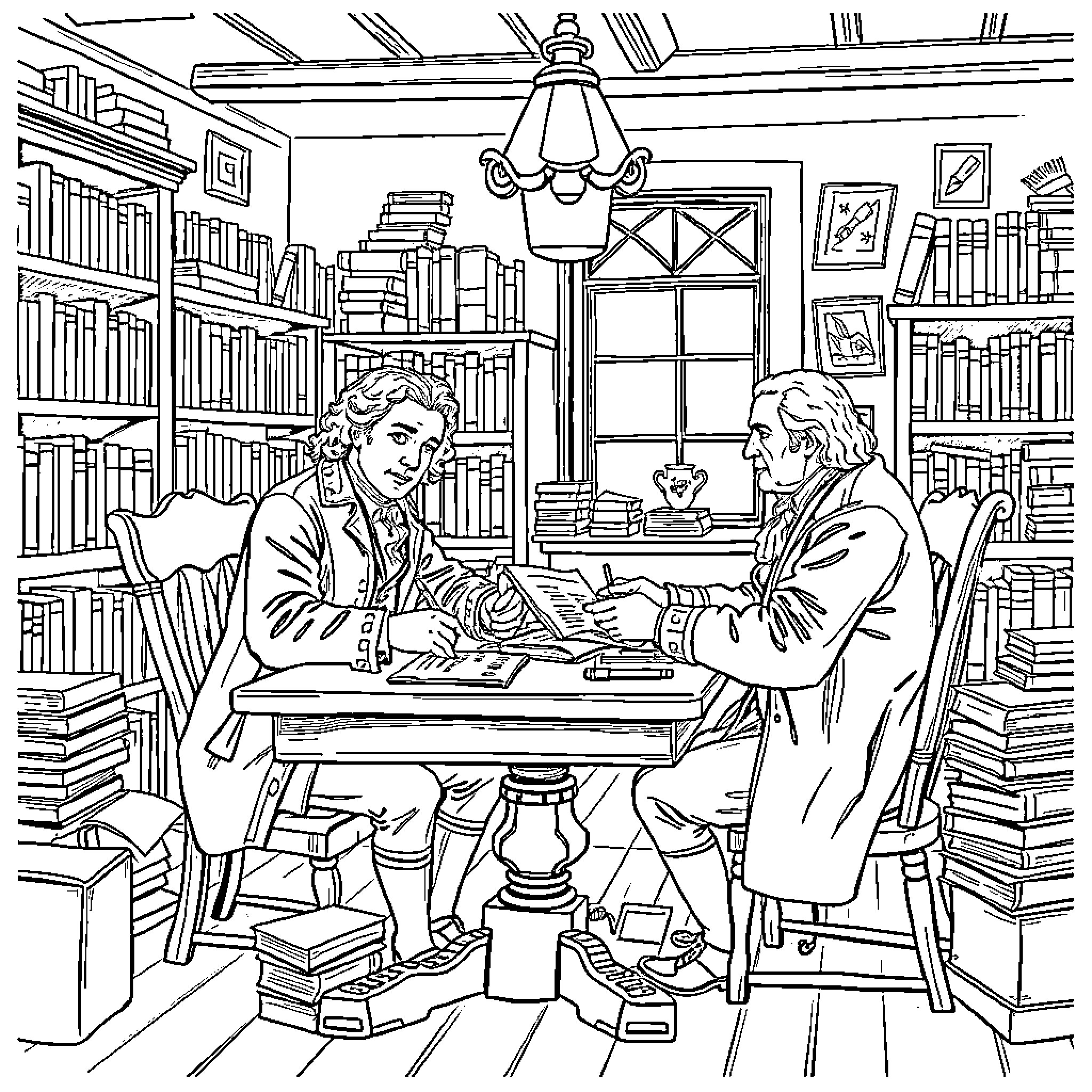 Johann Wolfgang Goethe in Scholarly Discourse with a Colleague Coloring Page (free black-and-white line drawing printable PDF for all, from beginners to advanced learners, including children, teens, adults, and seniors)