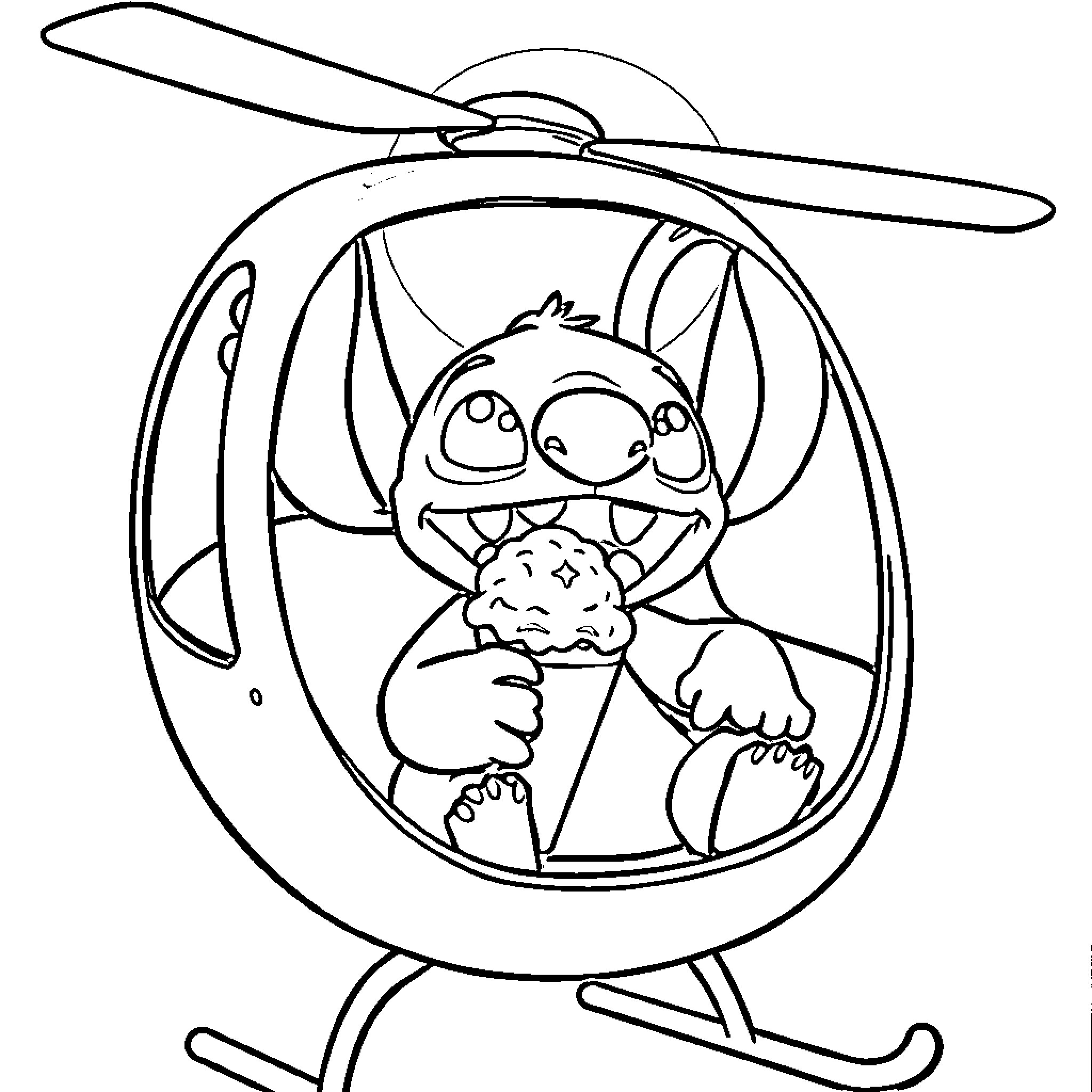 Stitch riding a whimsical helicopter Coloring Page (free black-and-white line drawing printable PDF for all, from beginners to advanced learners, including children, teens, adults, and seniors)
