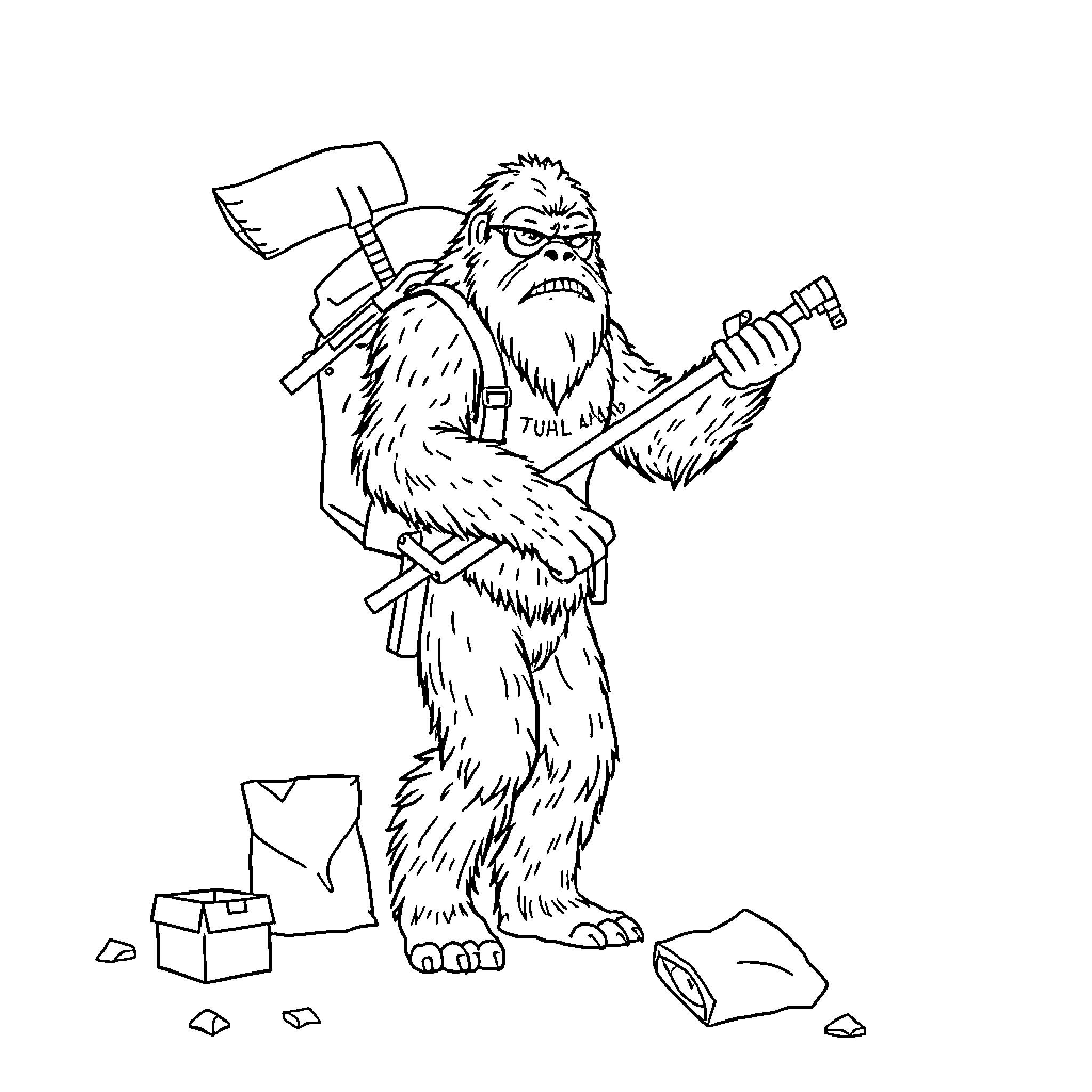 Sasquatch wielding tools in the wilderness Coloring Page (free black-and-white line drawing printable PDF for all, from beginners to advanced learners, including children, teens, adults, and seniors)