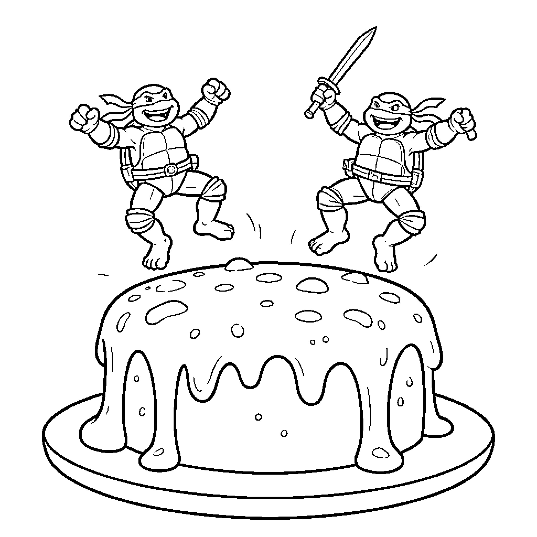 Ninja Turtles celebrating on a cake Coloring Page (free black-and-white line drawing printable PDF for all, from beginners to advanced learners, including children, teens, adults, and seniors)