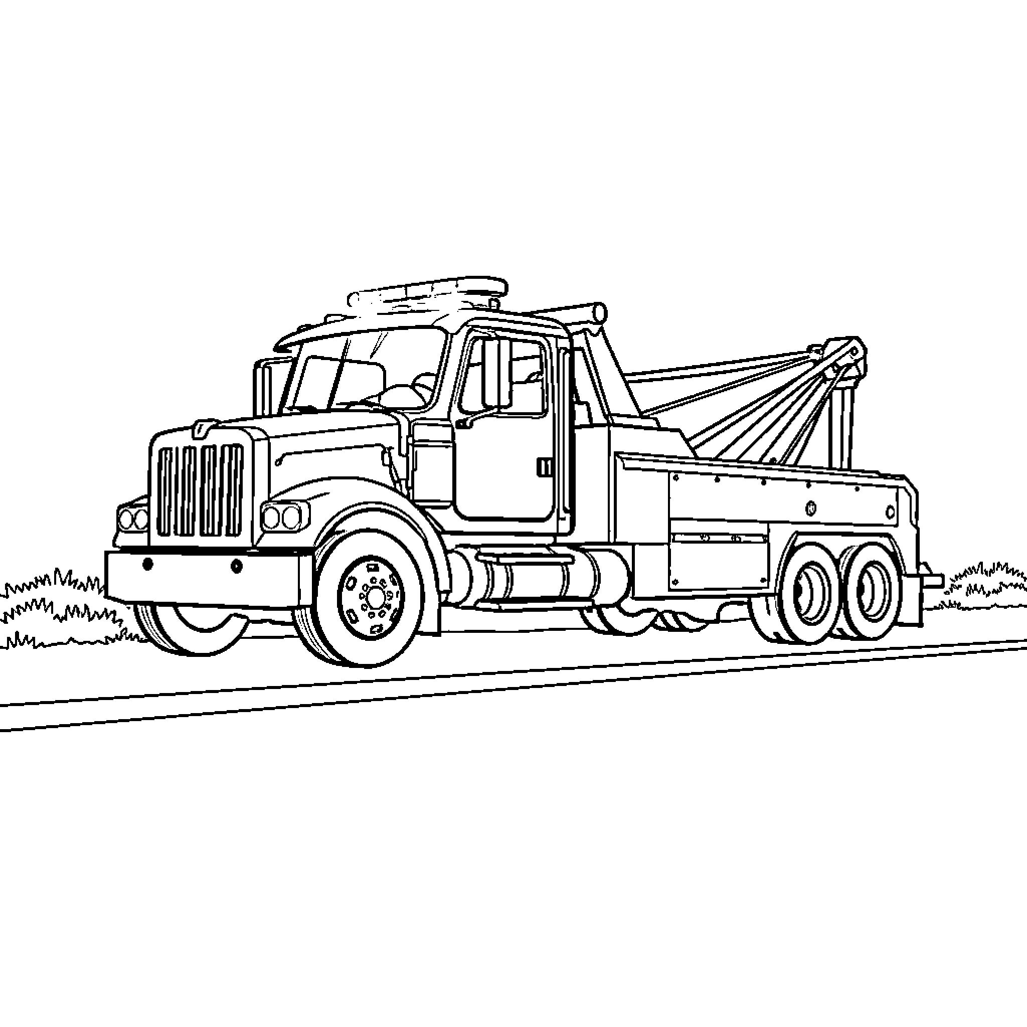 Tow Truck Assisting on the Road Coloring Page (free black-and-white line drawing printable PDF for all, from beginners to advanced learners, including children, teens, adults, and seniors)