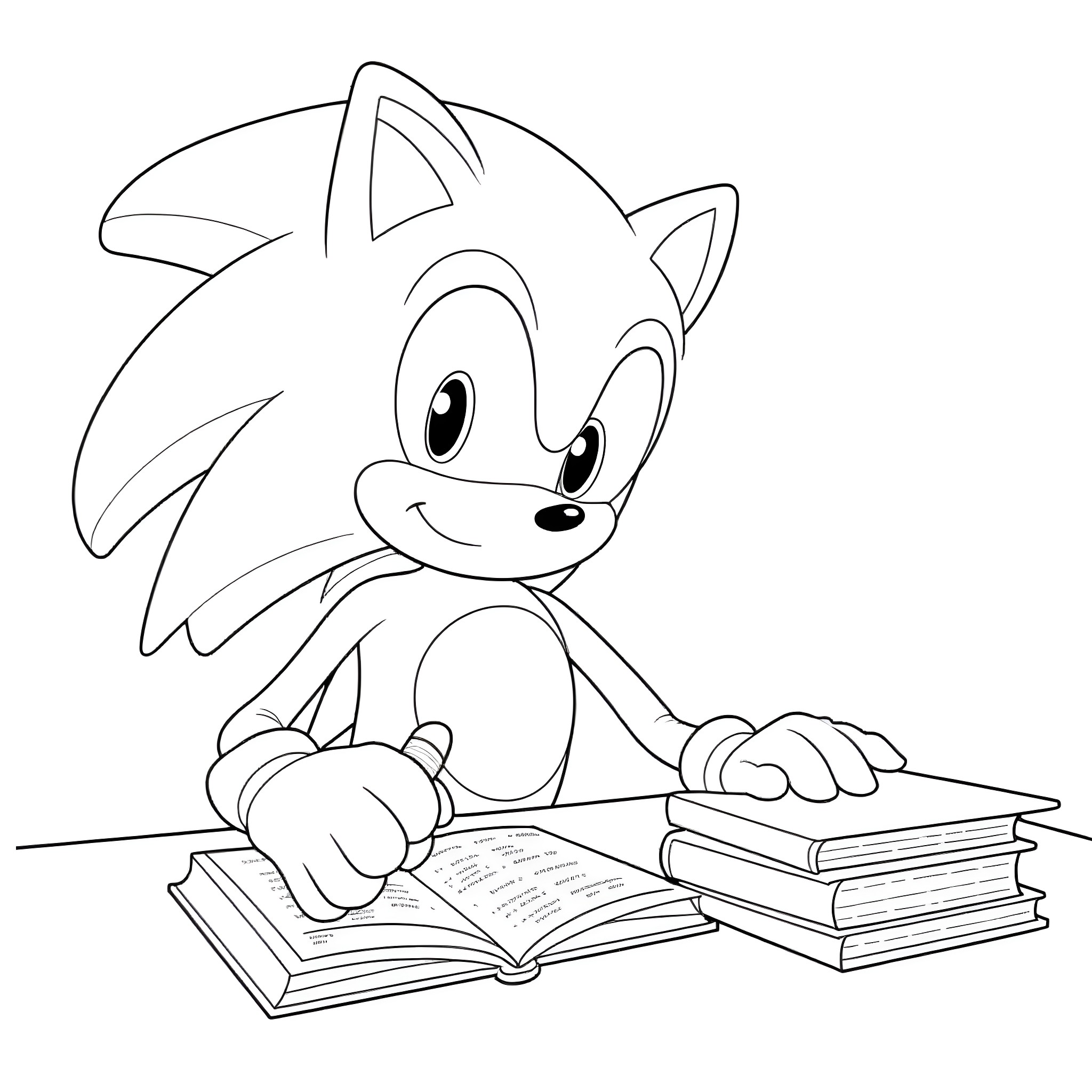 Sonic the Hedgehog reading books enthusiastically Coloring Page (free black-and-white line drawing printable PDF for all, from beginners to advanced learners, including children, teens, adults, and seniors)